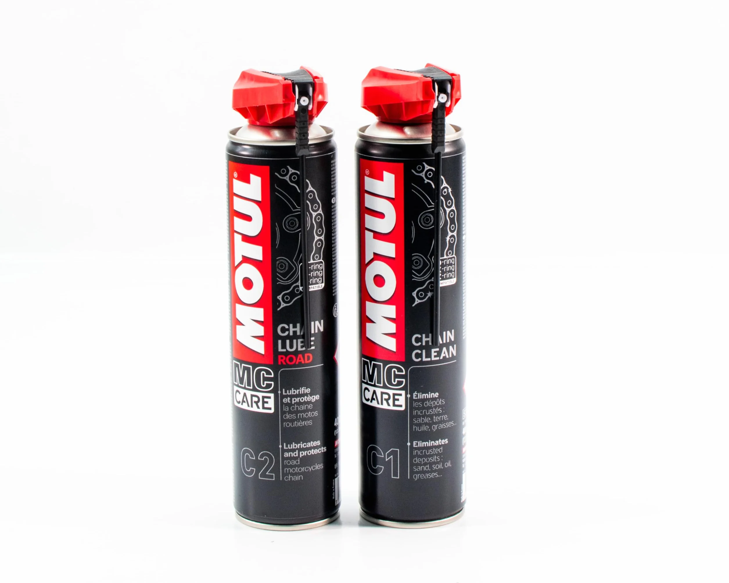 Gazoobike Confezione di manutenzione catena moto MC Care, detergente C1 400 ml + lubrificante C2 400 ml con spazzola di pulizia, kit completo per catena di moto