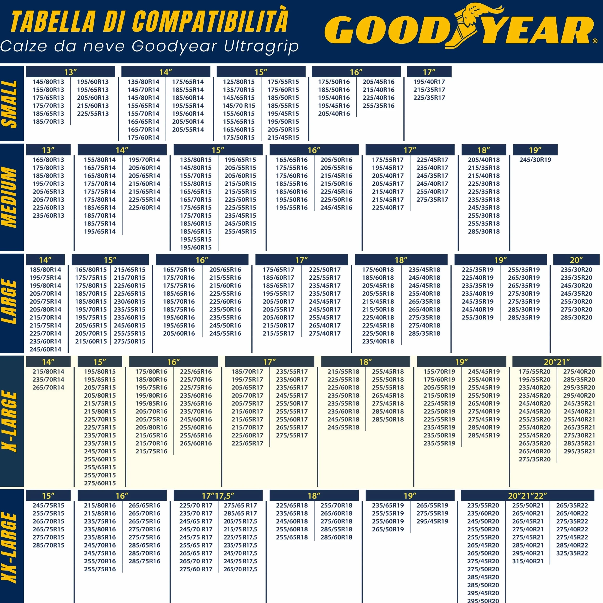 Goodyear Set di 2 Catene da Neve in Tessuto per Auto Goodyear Ultra GRIP TAGLIA XL, Specifico per il Funzionamento del Veicolo, Tessile, Bianco, per R14 - R21 (Misure Dettgliate All’interno)