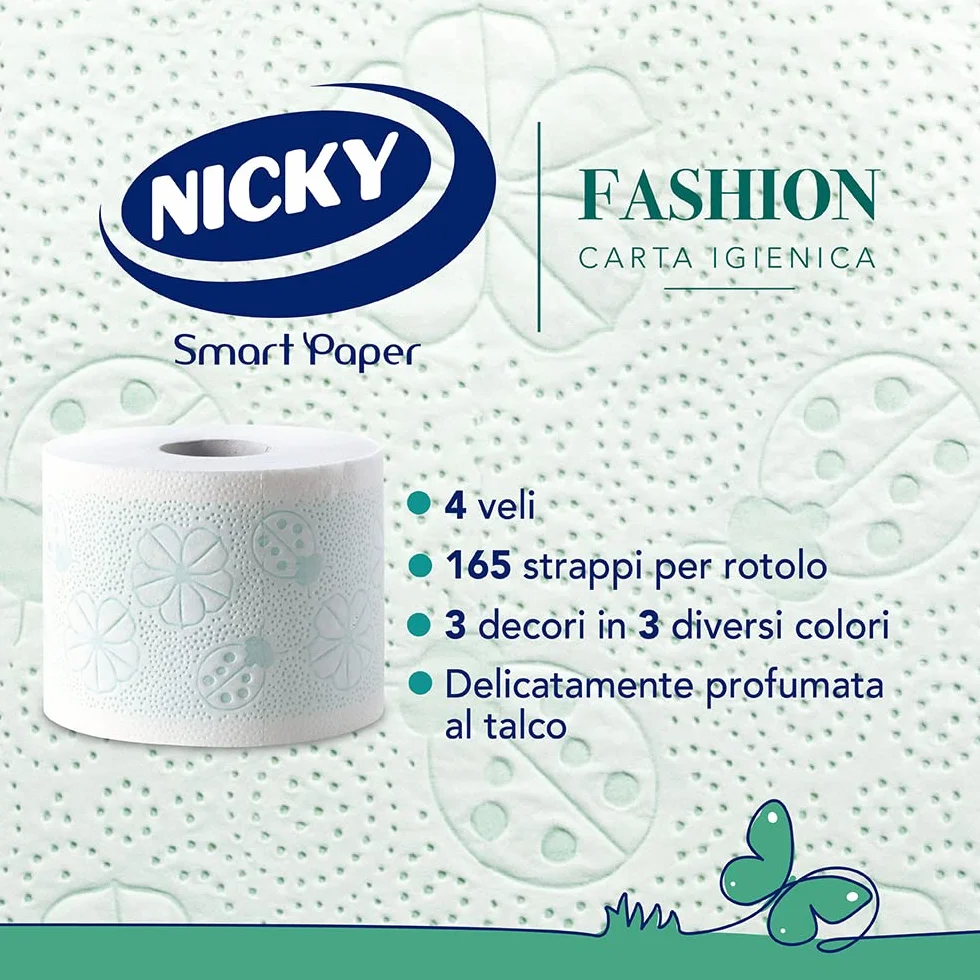 Nicky Fashion Carta Igienica 4 Rotoli 165 Fogli 4 Veli 3 Texture Colori Profumo Talco FSC