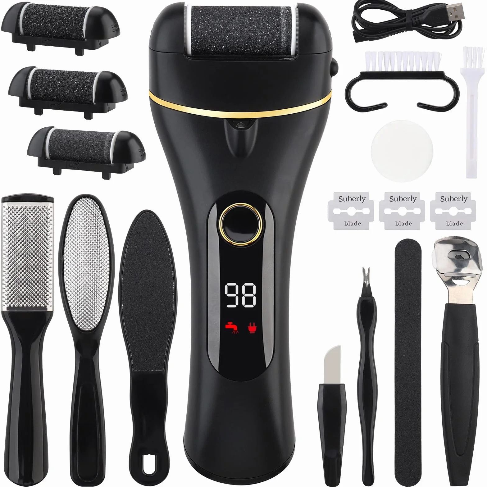 Pedicure Elettrico Professionale Ricaricabile con 3 Rulli Rimozione Calli Pelle Dura Secca (Nero)