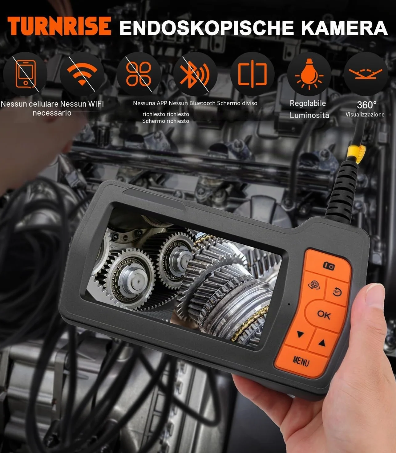 Telecamera Endoscopica Tripla Lente 5.0 Pollici 15M Sonda IP67 1080P 32GB Endoscopio Industriale