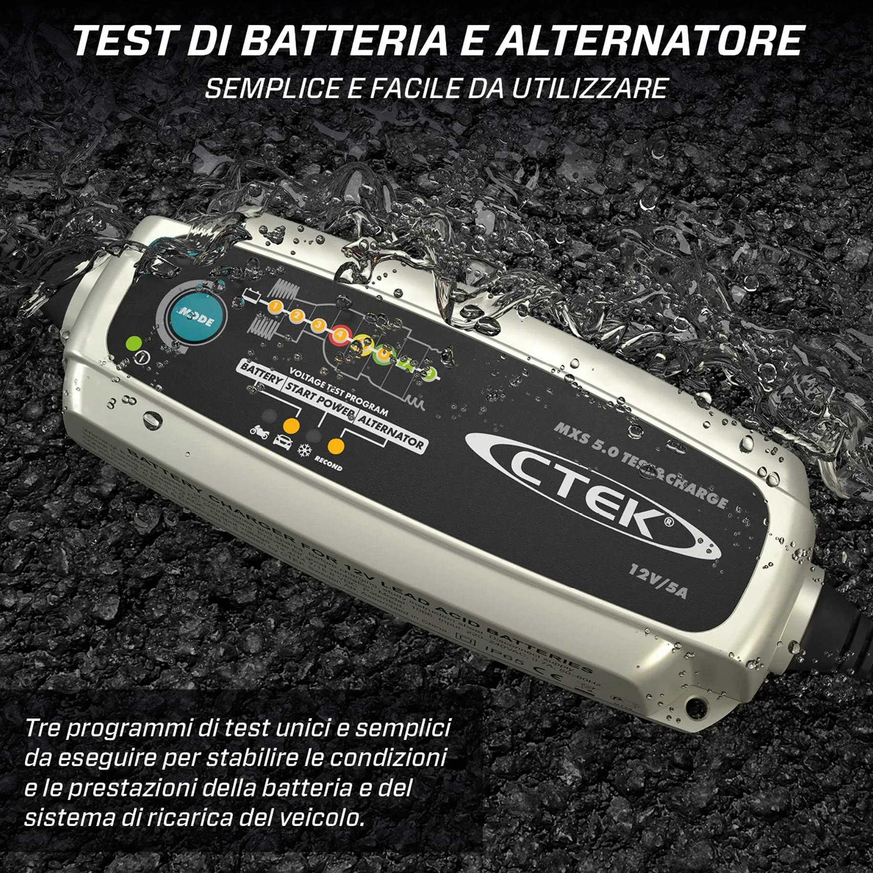 CTEK MXS 5.0 TEST & CHARGE Caricabatterie 12V 5A, Mantenitore Di Carica Per Batteria Auto, Caricabatterie Auto E Camion, Tester Dell'Alternatore Con Modalità Di Ricondizionamento