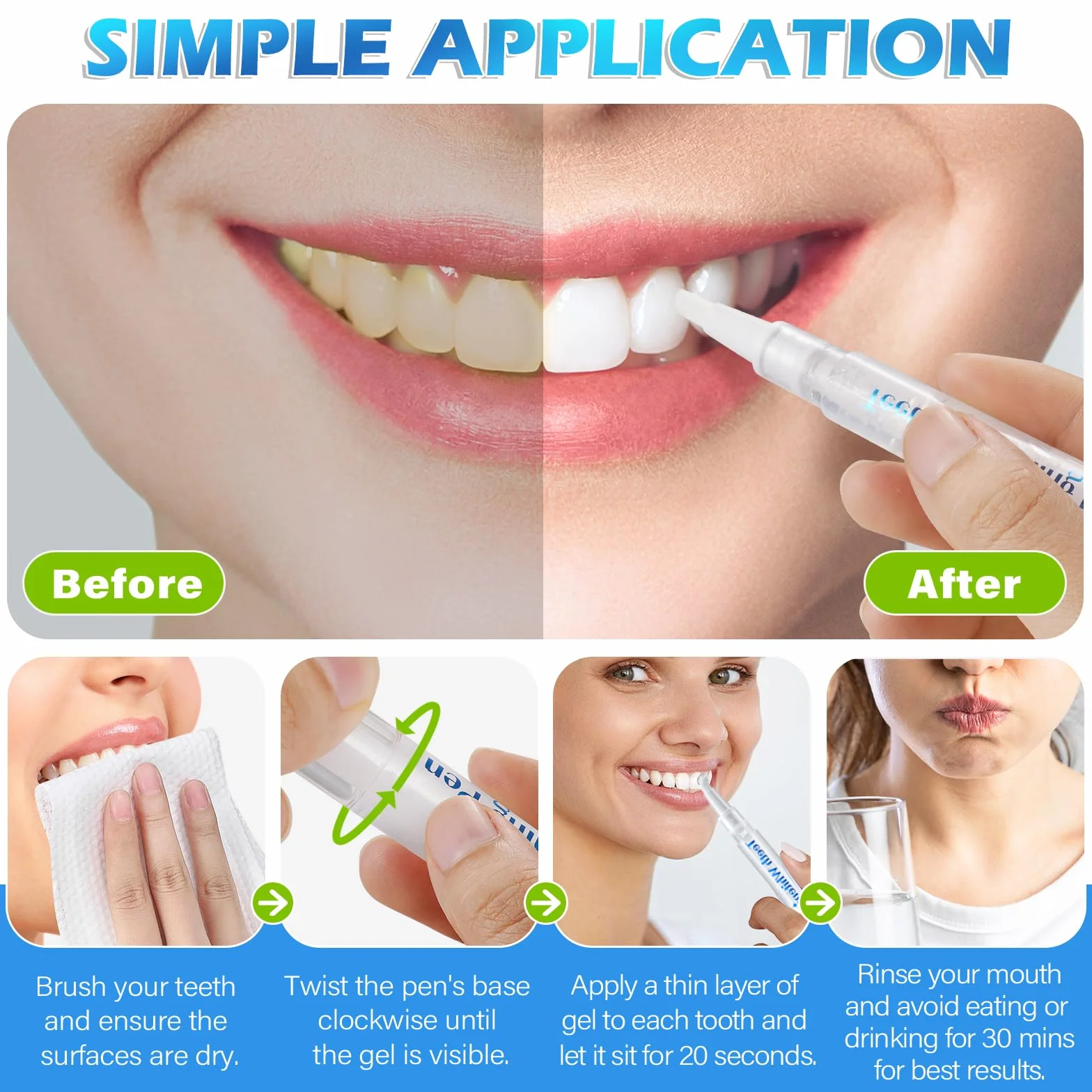 Penna Sbiancante per Denti 4 Confezioni, Gel Sbiancante Indolore, Sicuro per lo Smalto, Gusto Menta
