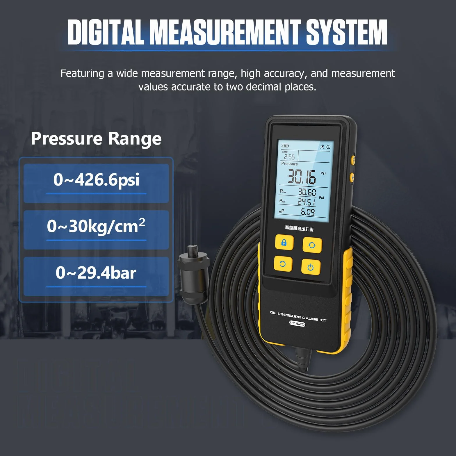PT620 Strumento del tester di pressione dell'olio, 0-426 PSI 0~29bar Strumenti diagnostici della prova di pressione dell'olio del motore di Digital con il tubo di prova & 17 connettori
