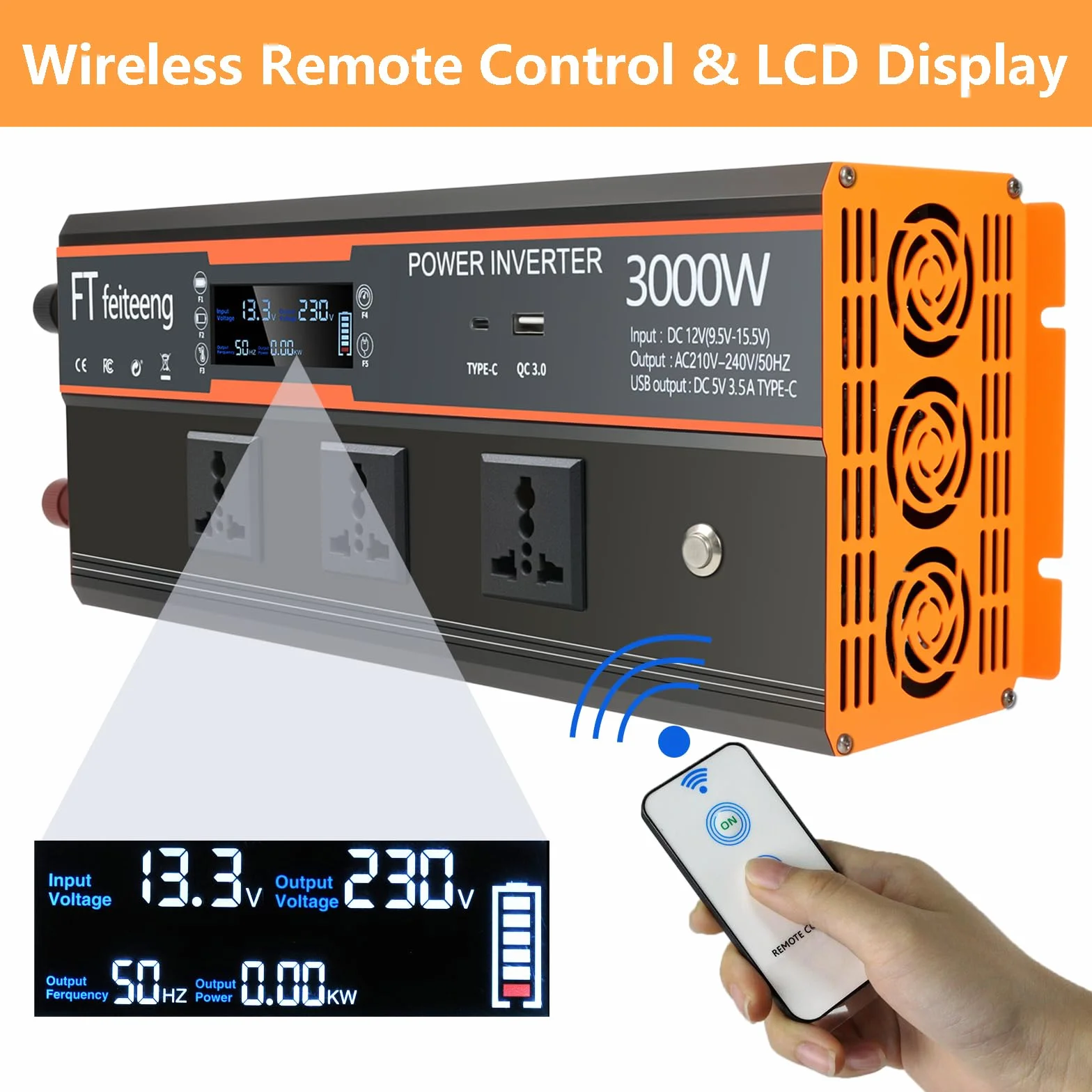Inverter 3000W/5000W 12V 220V con 2 prese AC display LCD telecomando wireless USB