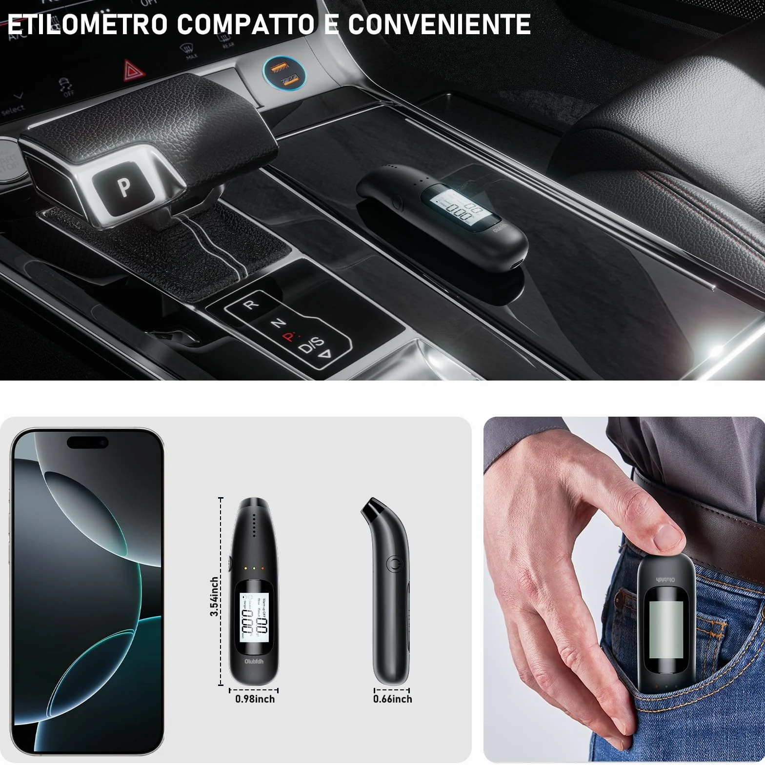 Etilometro Portatile Certificato con Display LCD, Batteria USB, Misuratore Alcolico Professionale (C06)