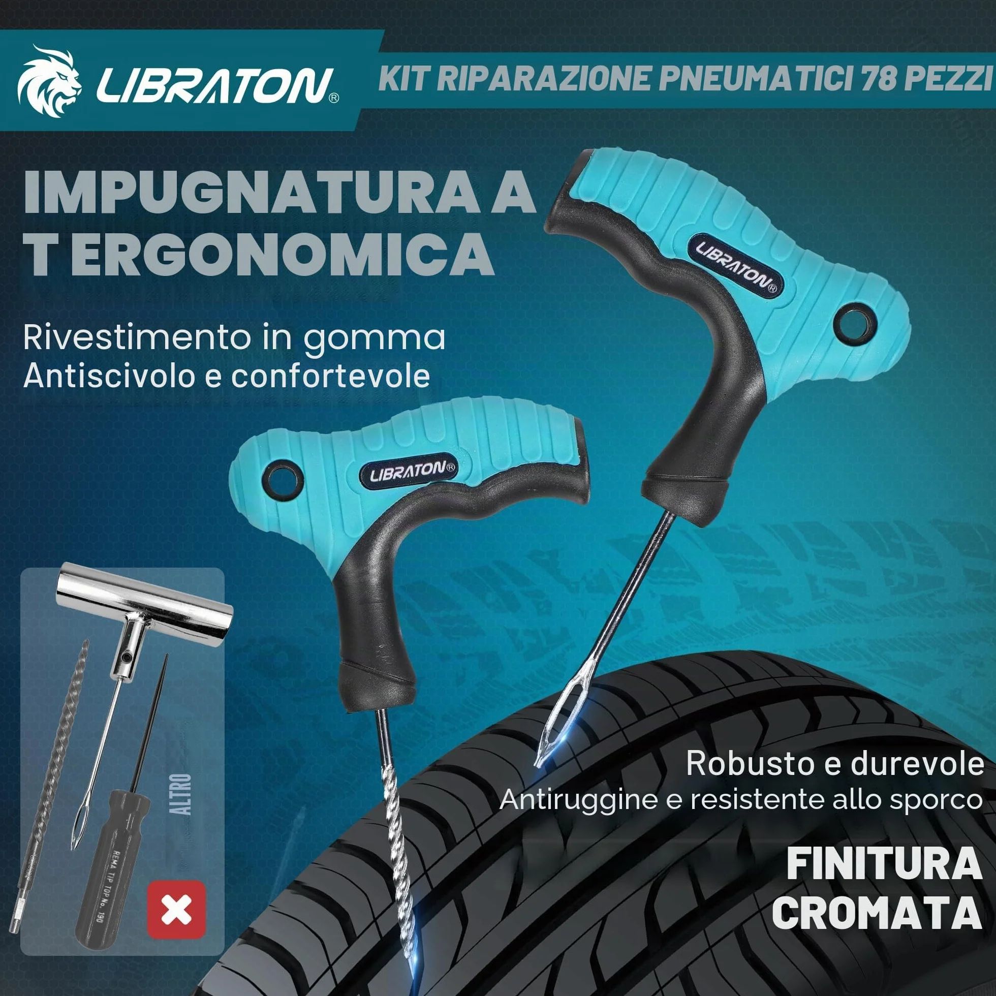 Libraton Kit Riparazione Pneumatici Auto Professionale per Fori e Puncture Tubeless