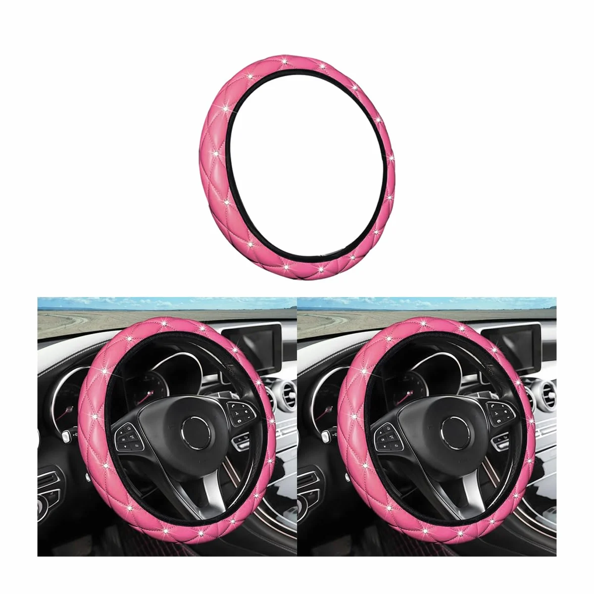 JNNJ Coprivolante Auto, Bling Copri Volante in Morbida Pelle, Bling Strass Copri Volante Universale 37-38 cm, Copristerzo Auto Traspirante Antiscivolo Interni Accessori per Donne Ragazze(Rosa)