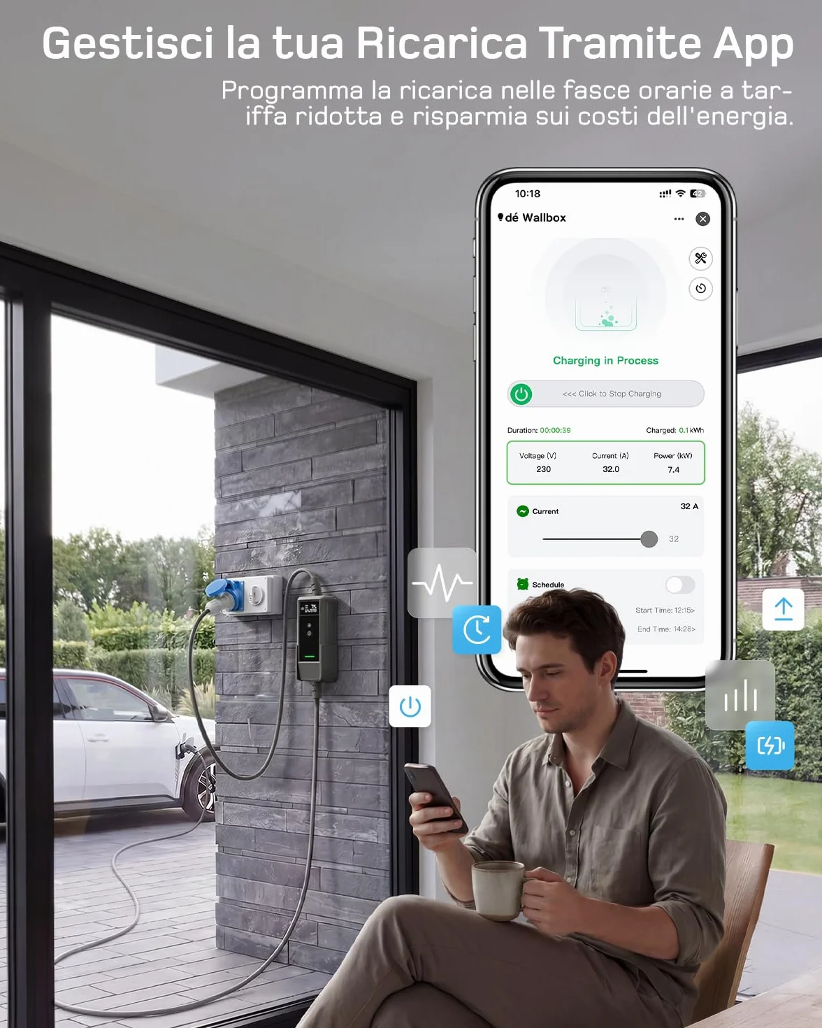 Carichino Auto Elettrica 7 kW App Monofase 6-32A Caricatore Regolabile a Distanza Compatibile T03 Model Y/3 Dolphin Surf EV PHEV