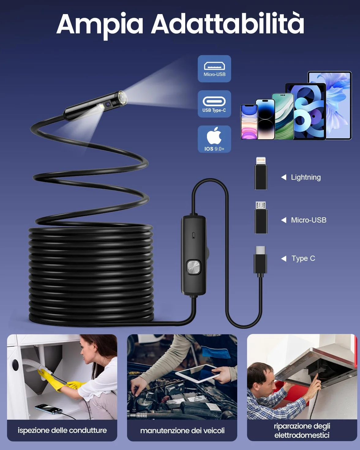 Endoscopio per Smartphone 1920P HD IP67 Sonda Impermeabile 8 LED Cavo Semirigido 5 m Compatibile iOS Android