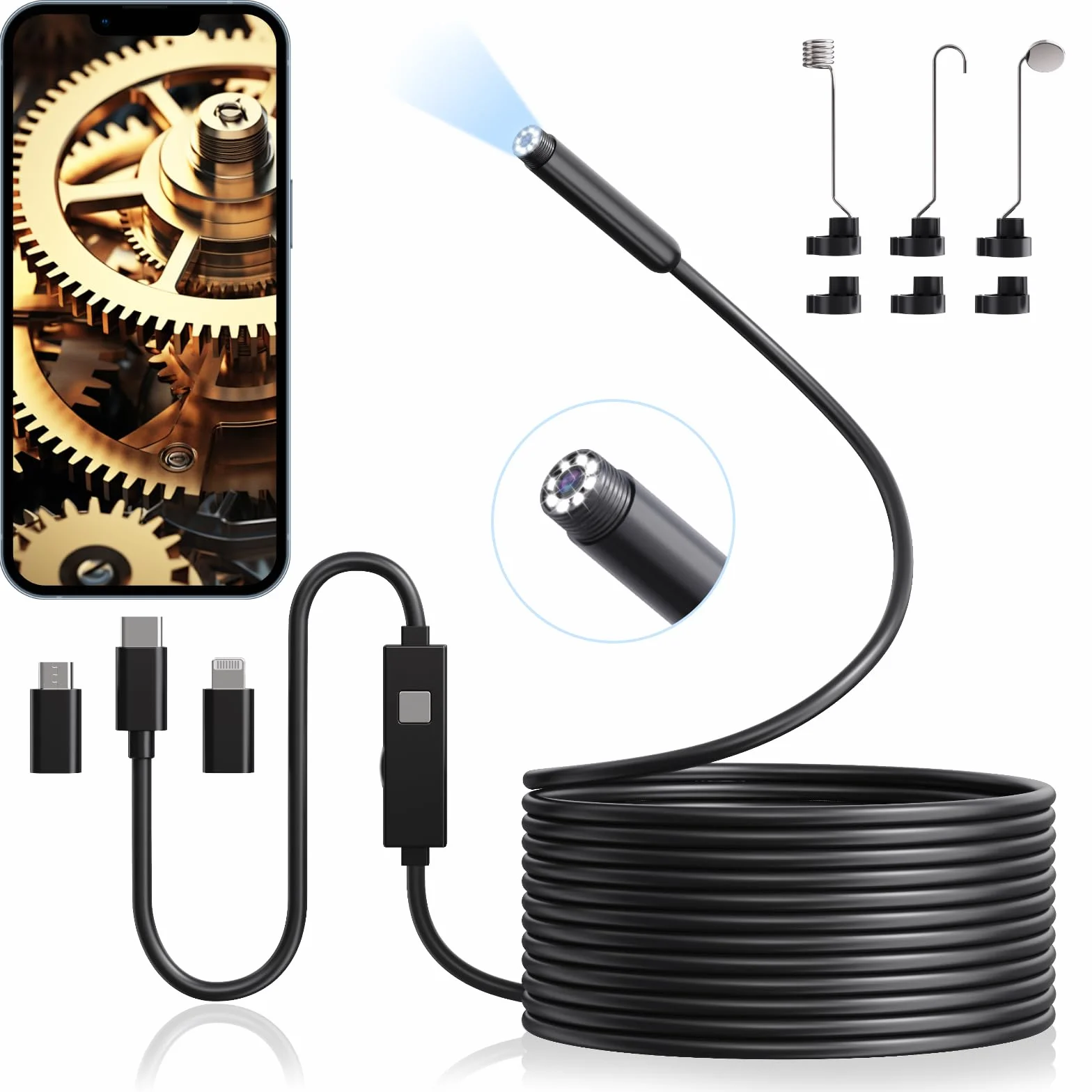 Aopick Endoscopio Smartphone 1920P HD Telecamera Endoscopica IP67 Impermeabile 5M Cavo Semirigido per Android iOS