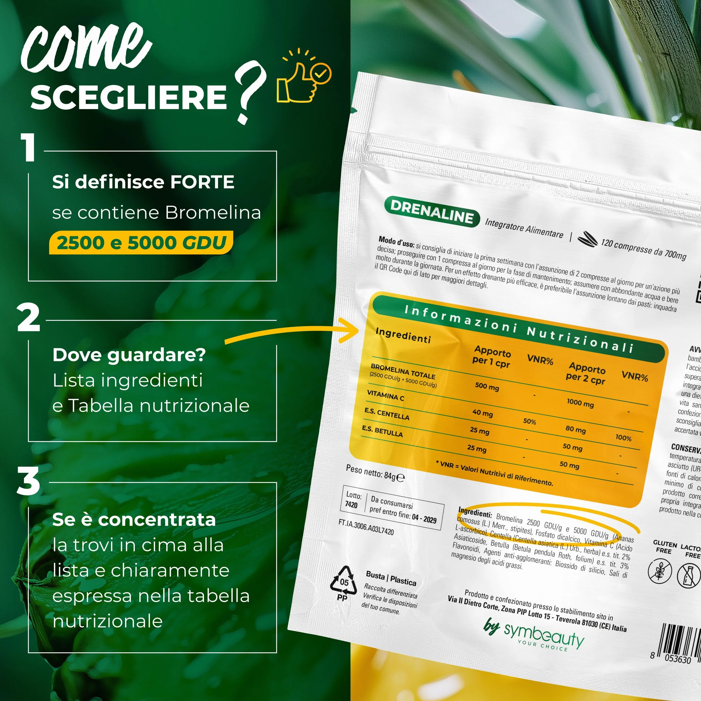 Symbeauty Bromelina Forte 120 Cpr Drenaline 2500+5000 GDU Betulla Centella Vitamina C Vegano Made in Italy