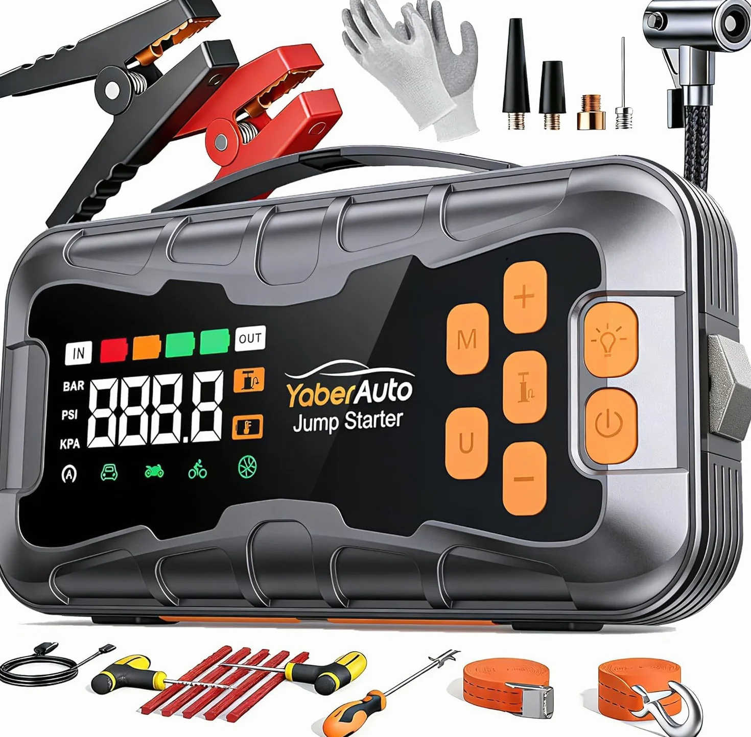16-In-1 Avviatore Batteria Auto con Compressore 160PSI 8000A 27000mAh, Tutto Gas/14.0L Diesel Avviatore Emergenza per Auto/Moto 12V, YaberAuto Booster Avviamento Portatile Starter Batteria