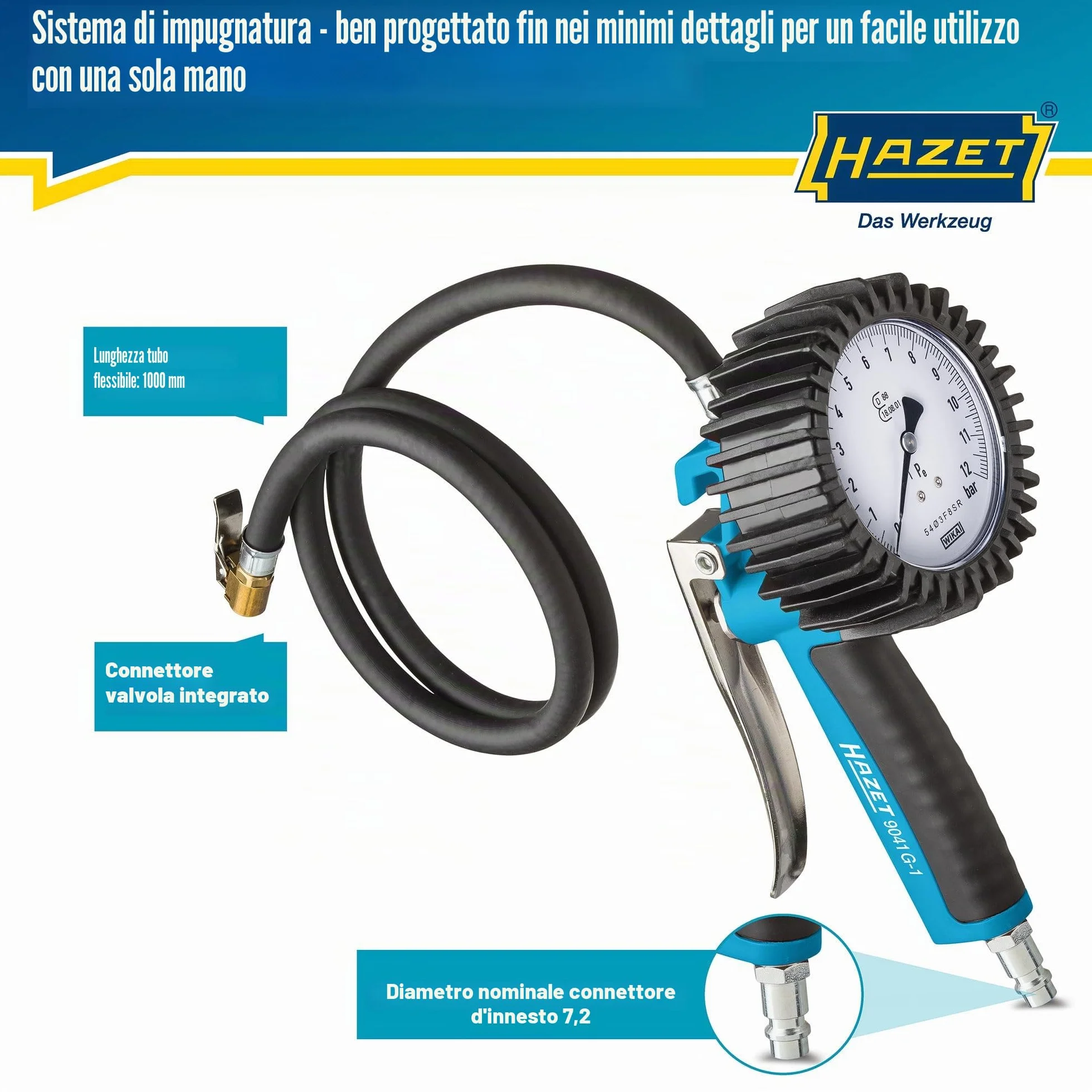 Manometro per pneumatici HAZET 9041G-1, Calibrato, di facile lettura, campo di misurazione del manometro: 0-10 bar, lunghezza del tubo flessibile: 1000 mm, diametro del manometro: 80 mm