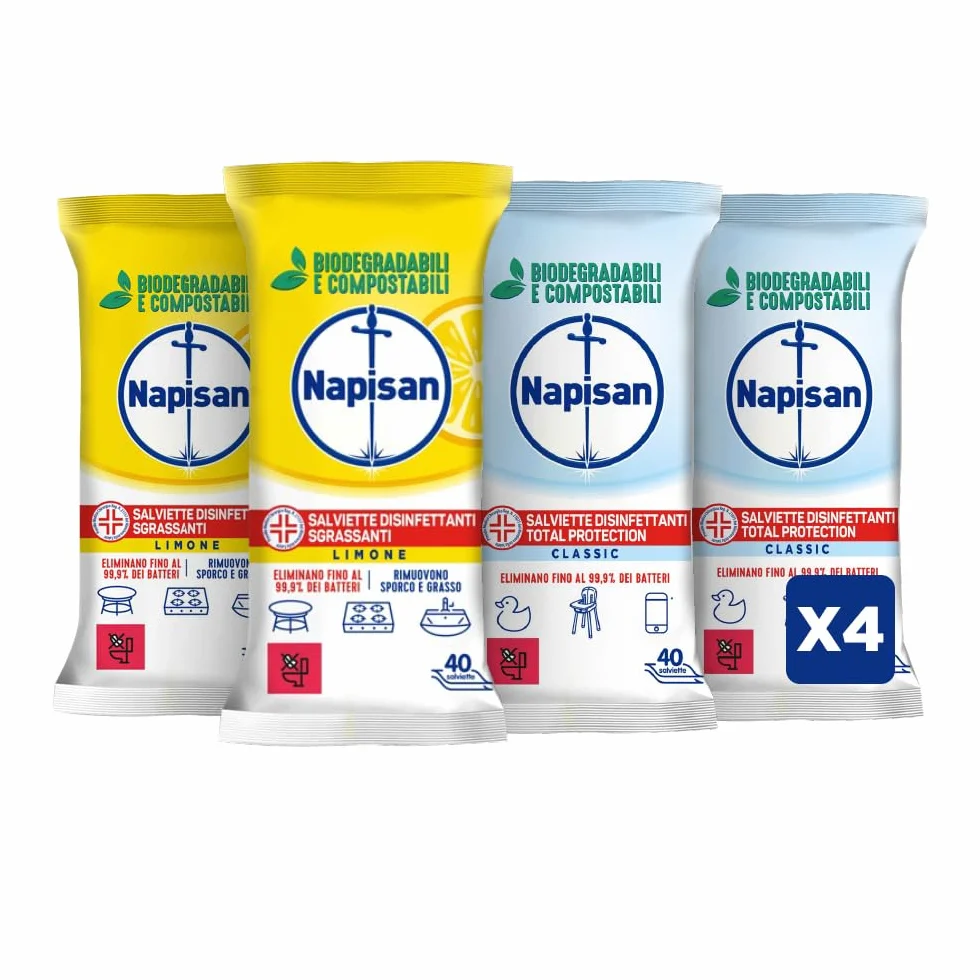 Napisan Salviette Disinfettanti Biodegradabili, Confezione da 80 Salviette al Limone e Formula 0%, Disinfettante Multisuperfici
