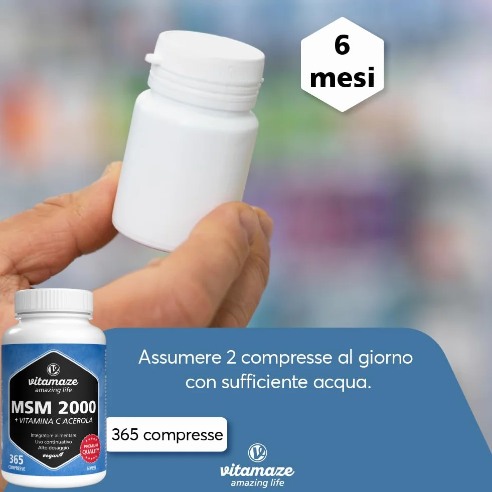 Vitamaze® MSM 2.000 mg Integratore Capelli e Ossa 360 Capsule Metilsulfonilmetano Puro al 99,9%