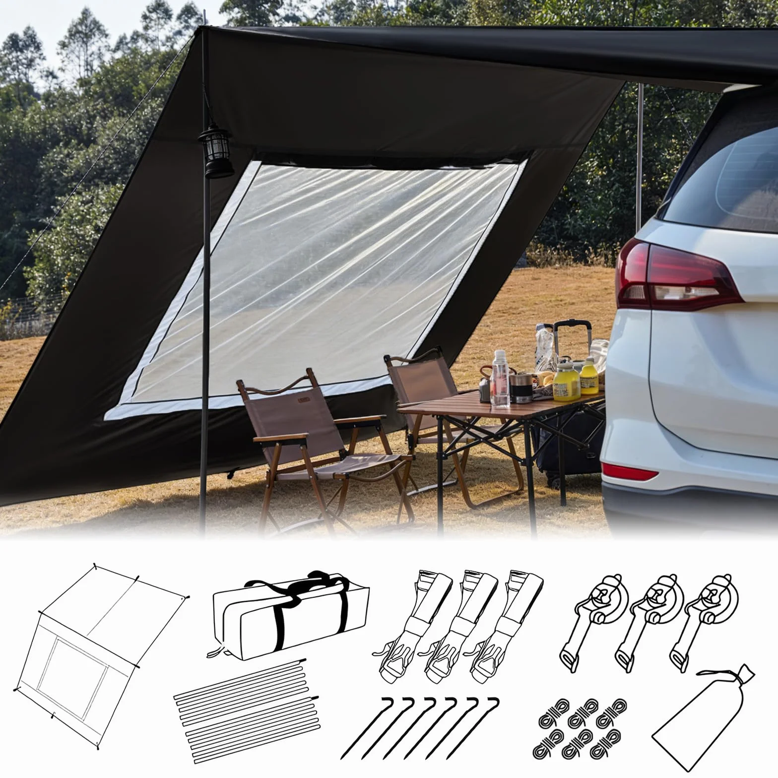 WingFly Tenda Da Campeggio Per Camper, 2,9 X 4,8 M, Tenda Da Sole Impermeabile E Protezione Solare Per Portellone Posteriore, Con Palo (Nero)