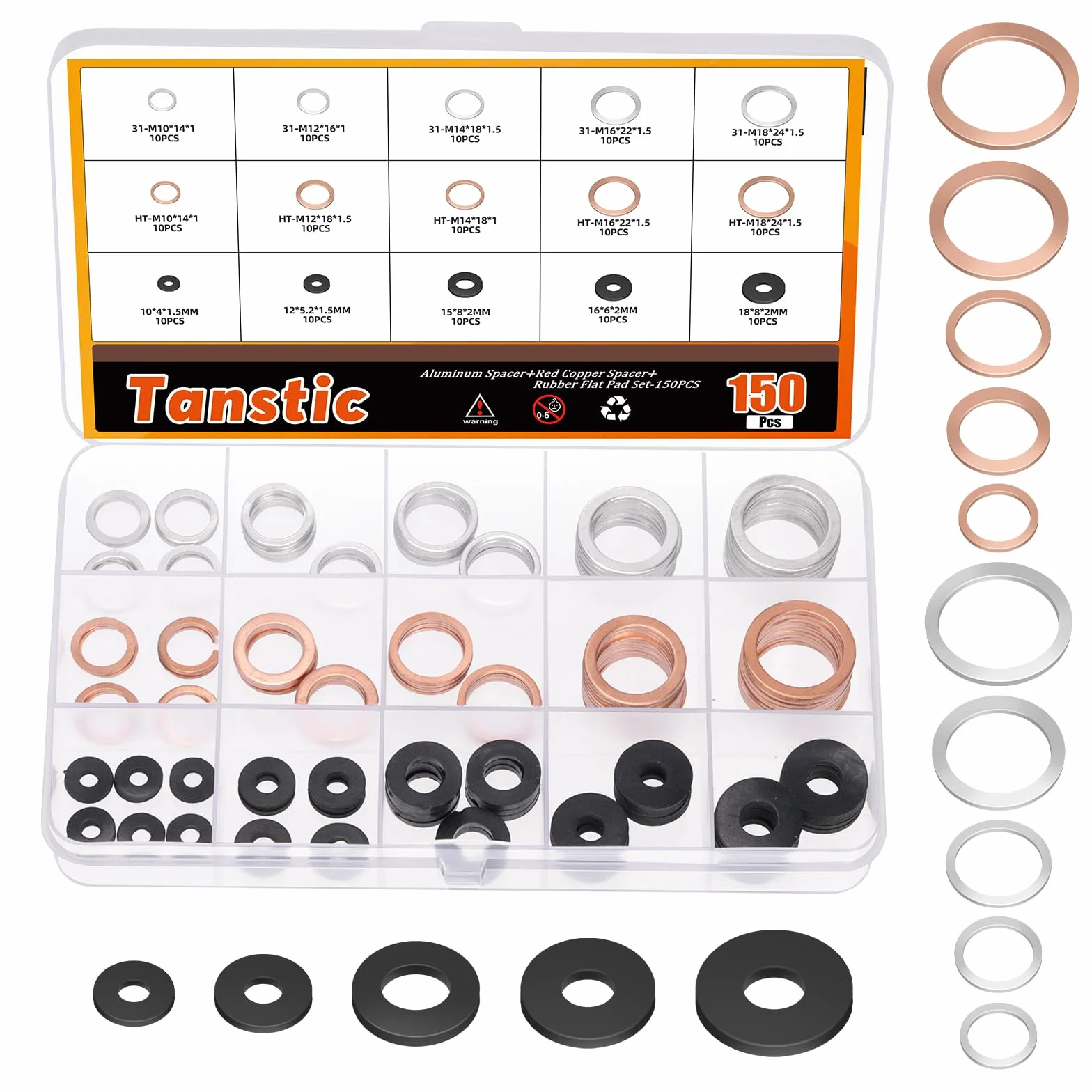 Tanstic 150 pezzi M10 M12 M14 M16 M18 Oil Drain Plug Crush Washer Gasket Seal Assortment, Incuidng 50 pezzi di rame metrico e 50 tappi per olio in alluminio, 50 pezzi di lavatrici piatte in gomma