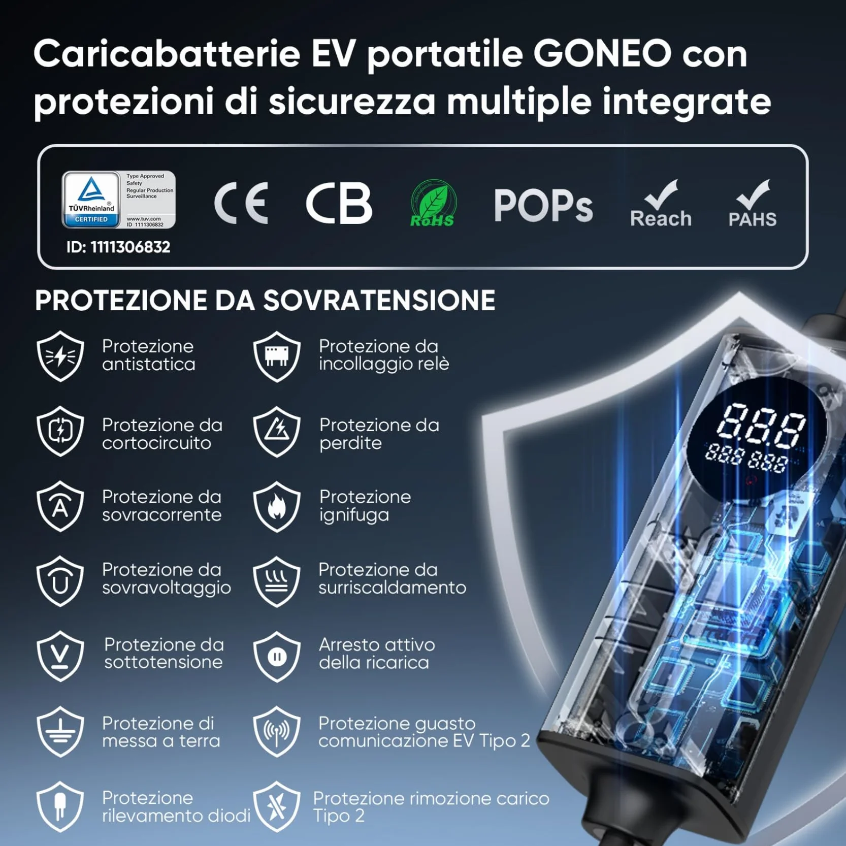 Cavo Ricarica Auto Elettrica Tipo 2 Schuko 16A 3,68kW Monofase 5M Caricatore Domestico VE
