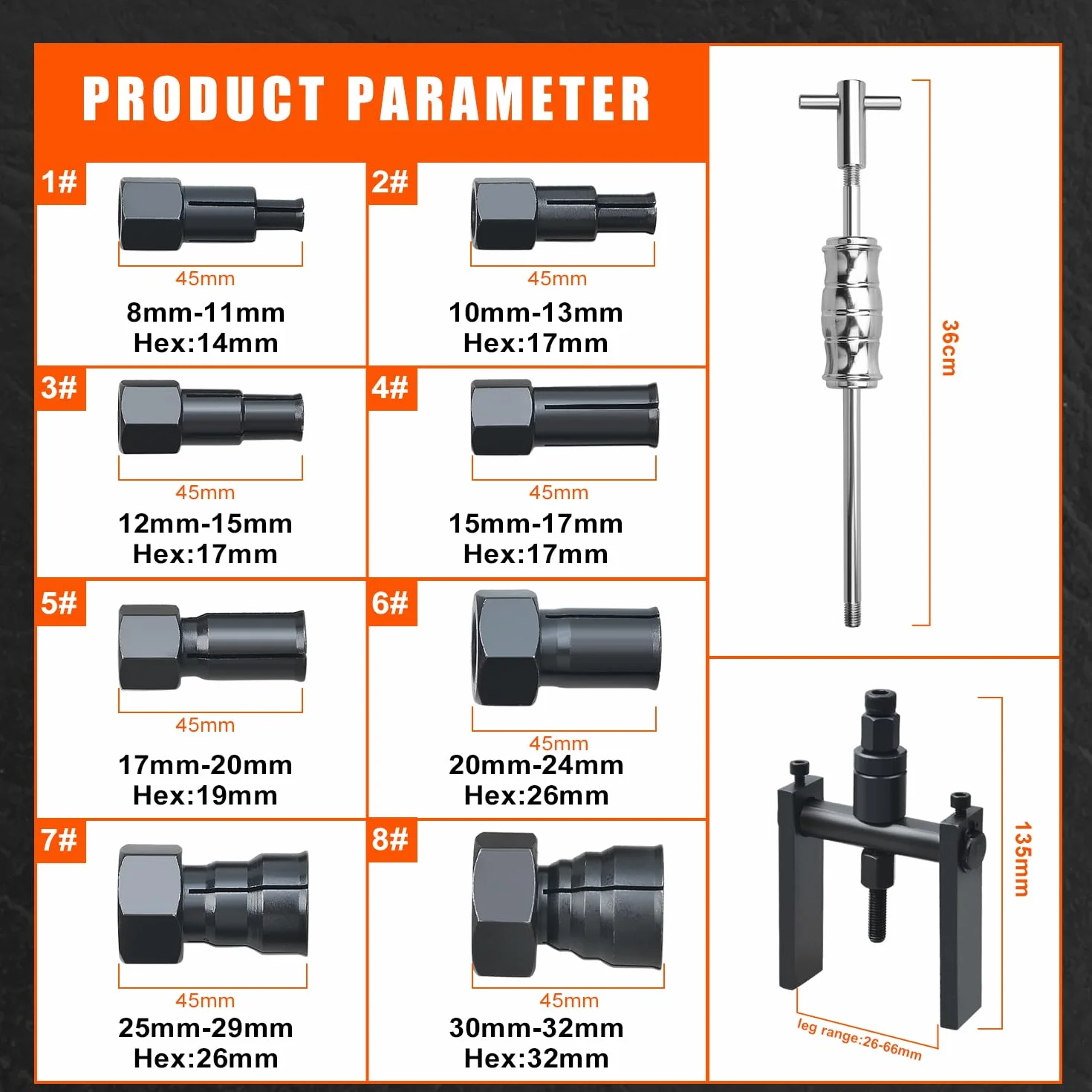 Kit Estrattore Cuscinetti Interni 8-32 mm a 2 Ganasce Foro Cieco Martello Scorrevole per Bicicletta e Moto