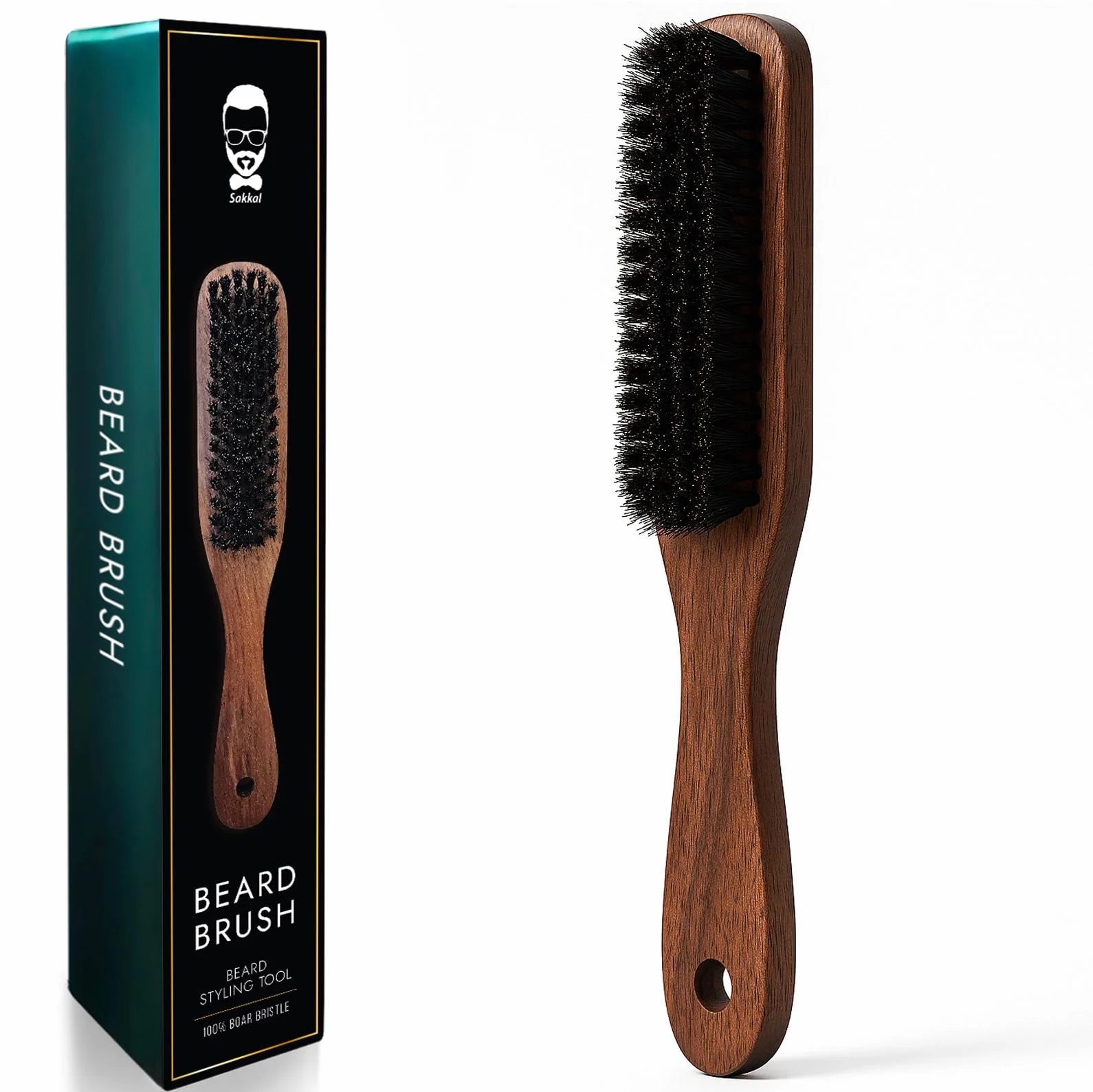 SAKKAL Spazzola per Barba Setole di Cinghiale, Manico in Legno Naturale, Antistatica Districante Lisciante, Cura Styling Barba