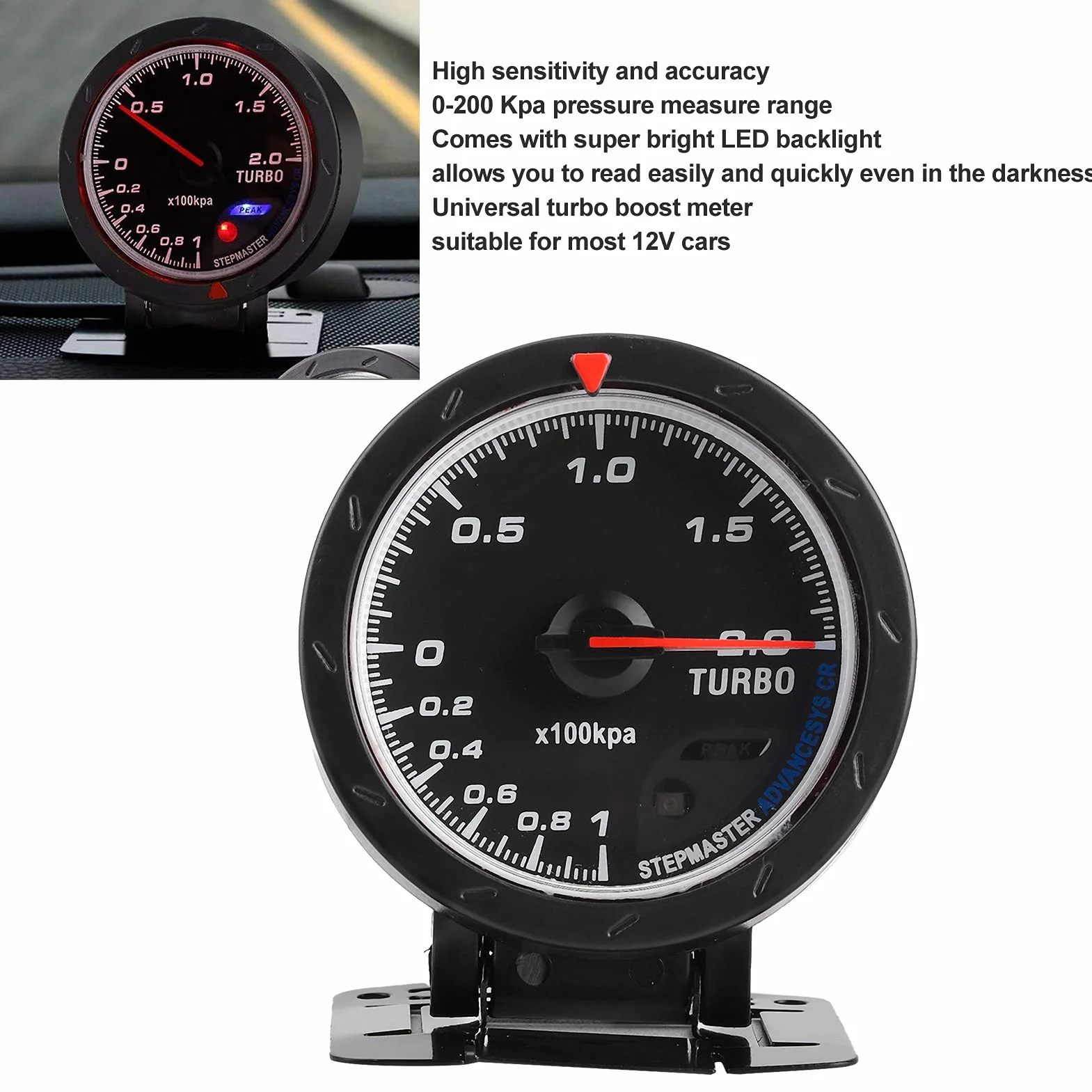 Misuratore di Pressione del Manometro Turbo Boost 0‑200 Kpa Retroilluminazione a LED 60 Mm/2,5 Pollici di Diametro Universale per Auto 12V