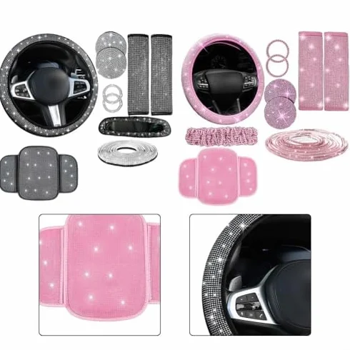 Set di copristerzo per auto con supporto per telefono in strass e sottobicchiere, set interno ultra-velluto da 10 pezzi per (rosa)