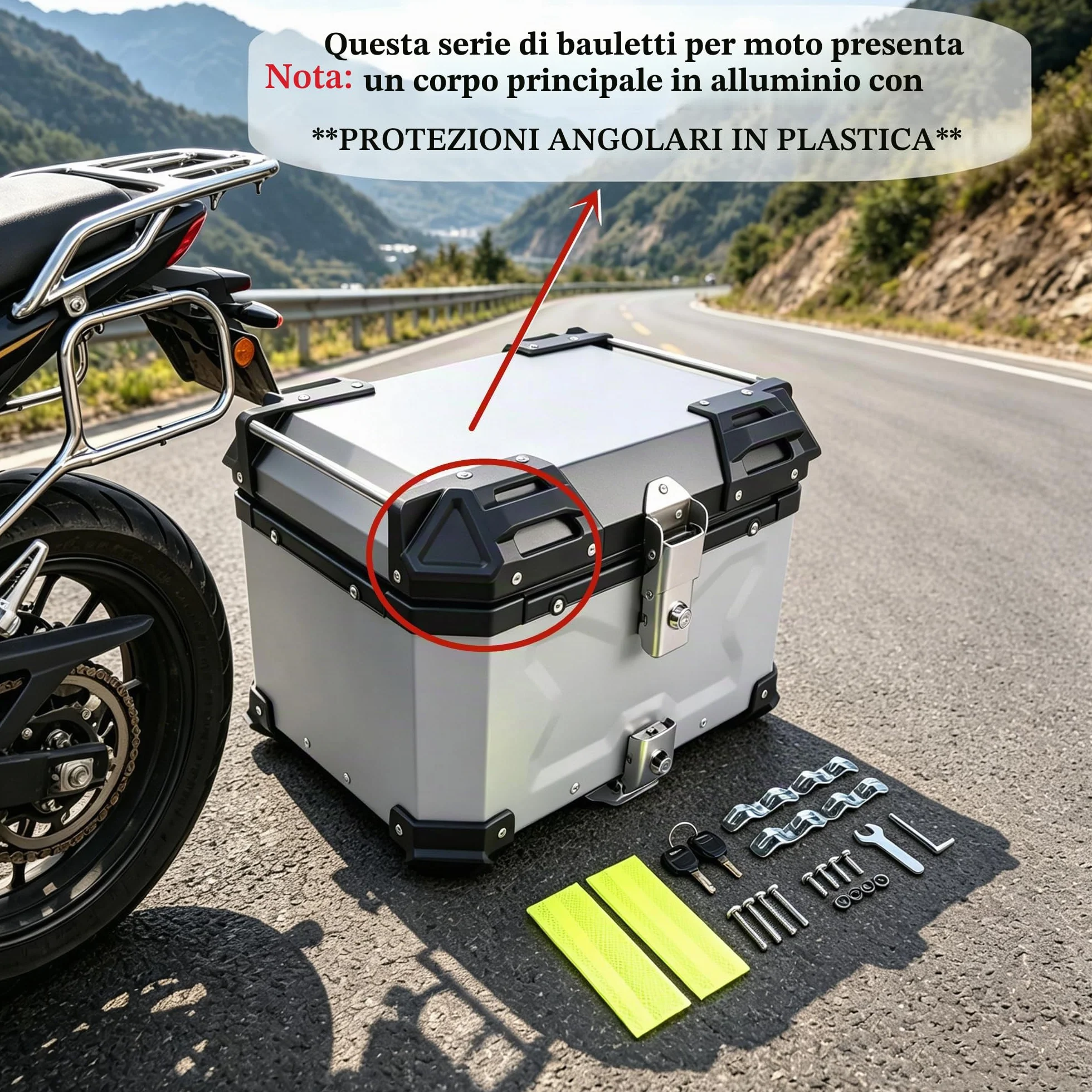 65L Bauletto moto, impermeabile bauletto alluminio, box bagagli per moto con serratura di sicurezza per conservazione 2 casco, Argento