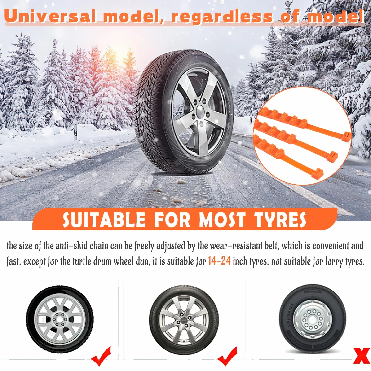 Catene da Neve Universali Antiscivolo 10 Pezzi per Auto Camion SUV Arancione