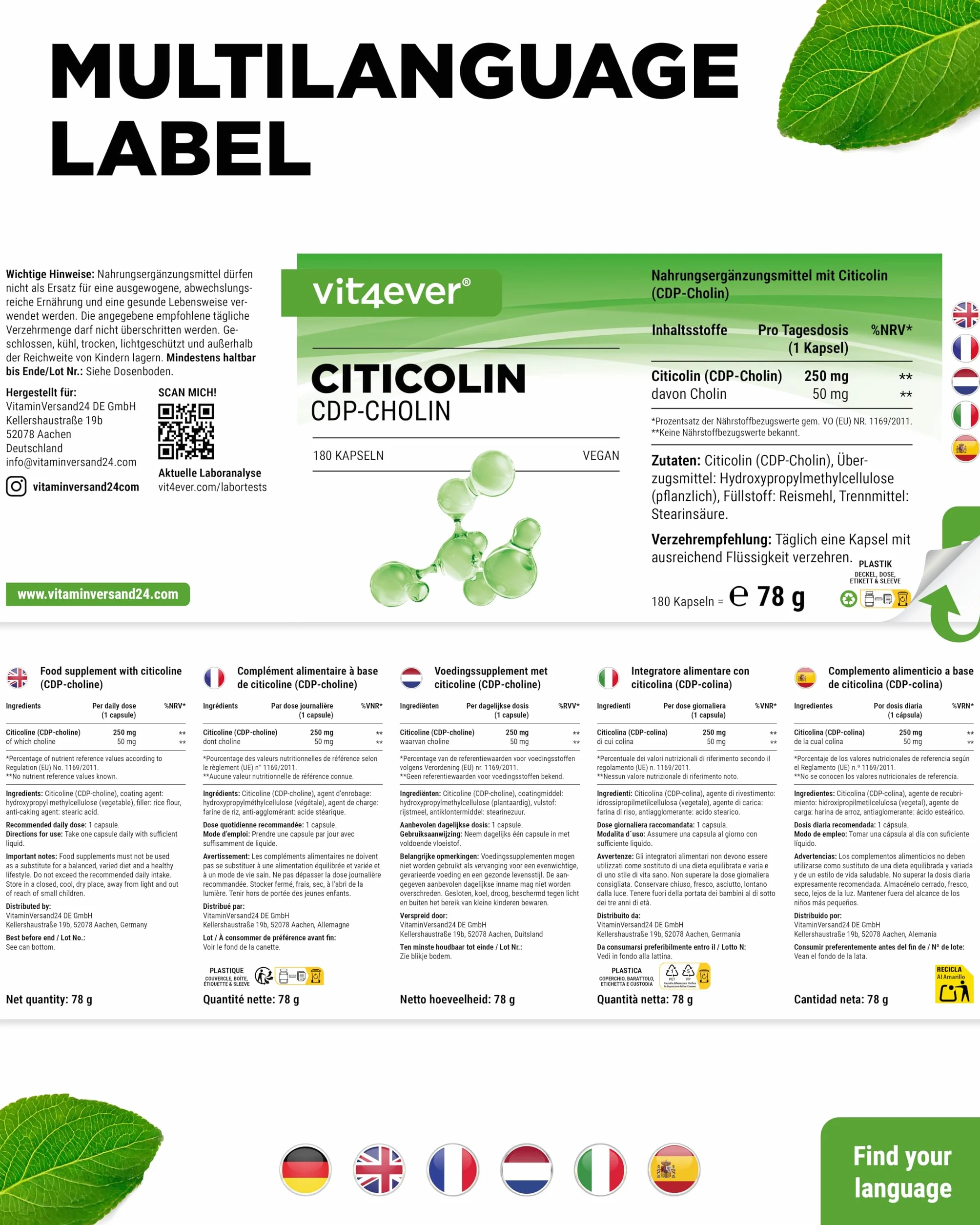 vit4ever CDP Colina (Citicolina) 250 mg - 180 Capsule - Alto Dosaggio e Forma Bioattiva di Colina - Vegano