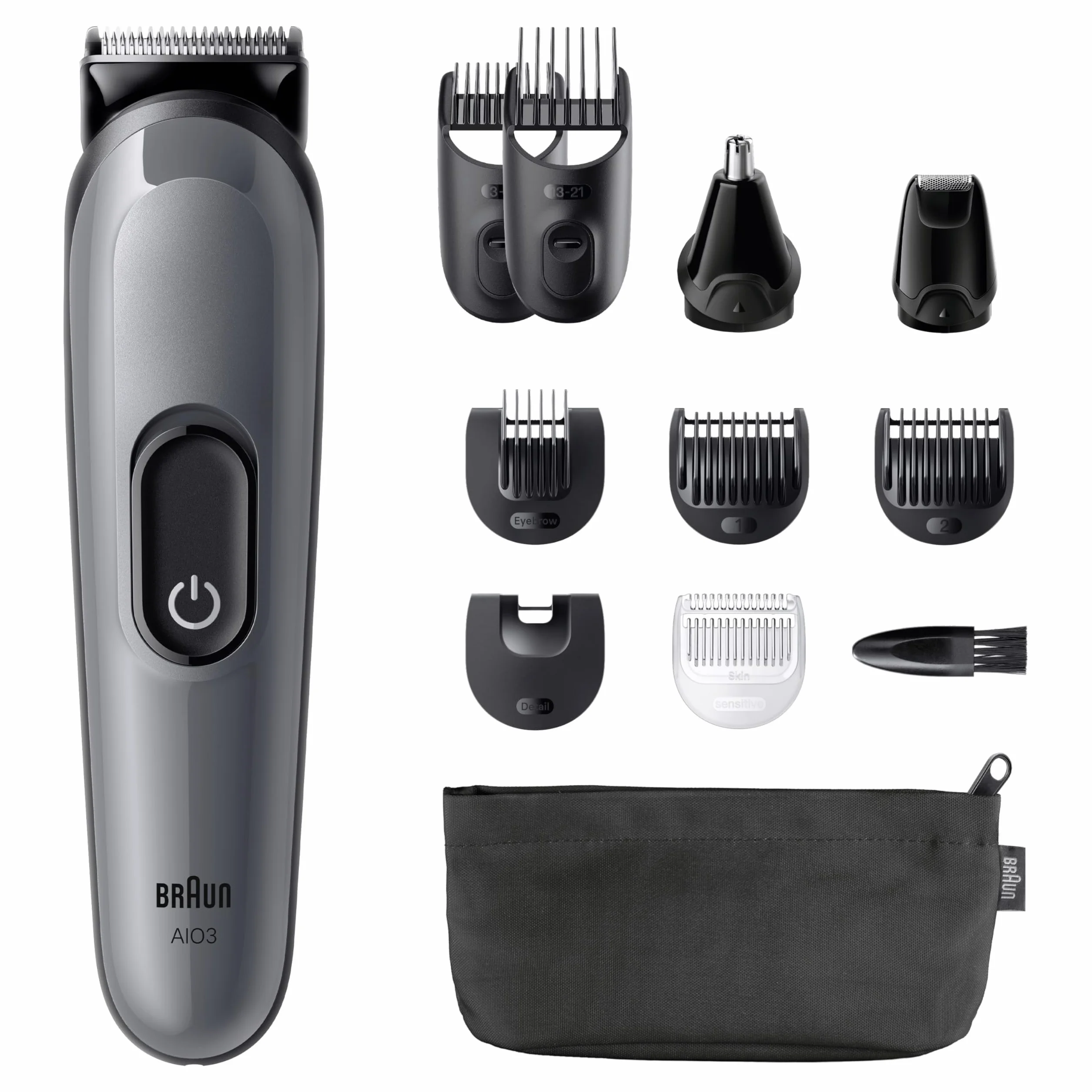 Braun Series 3 All-in-One Rifinitore Rasoio Elettrico Barba e Capelli 11in1 Lama Ultra Affilata 14 Lunghezze 50 Minuti Autonomia Aio3565 Grigio