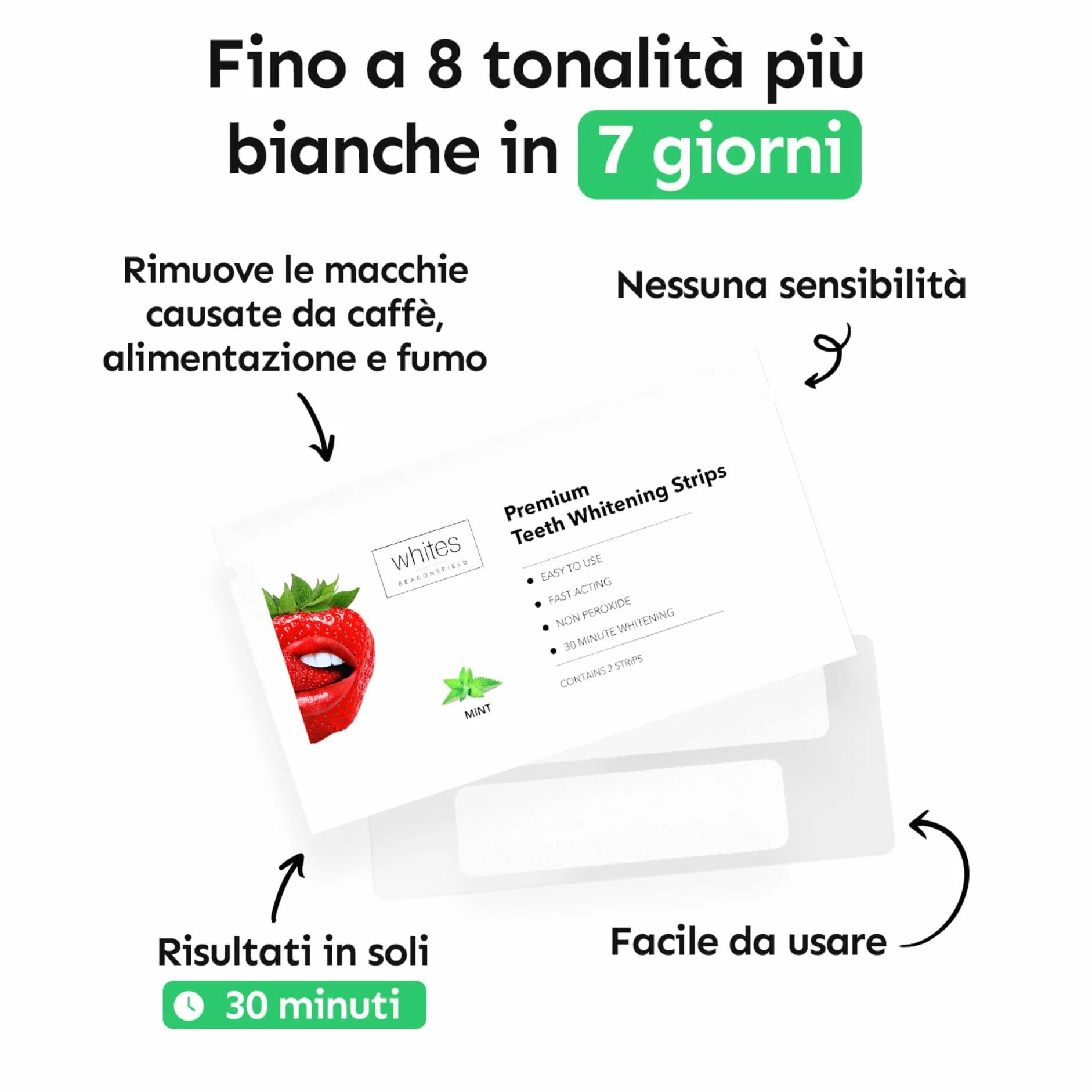 Whites Beaconsfield Strisce Sbiancanti per Denti, 28 Strisce (14 Giorni) – Senza Perossido, Sicura per Smalto, Sbiancamento Rapido
