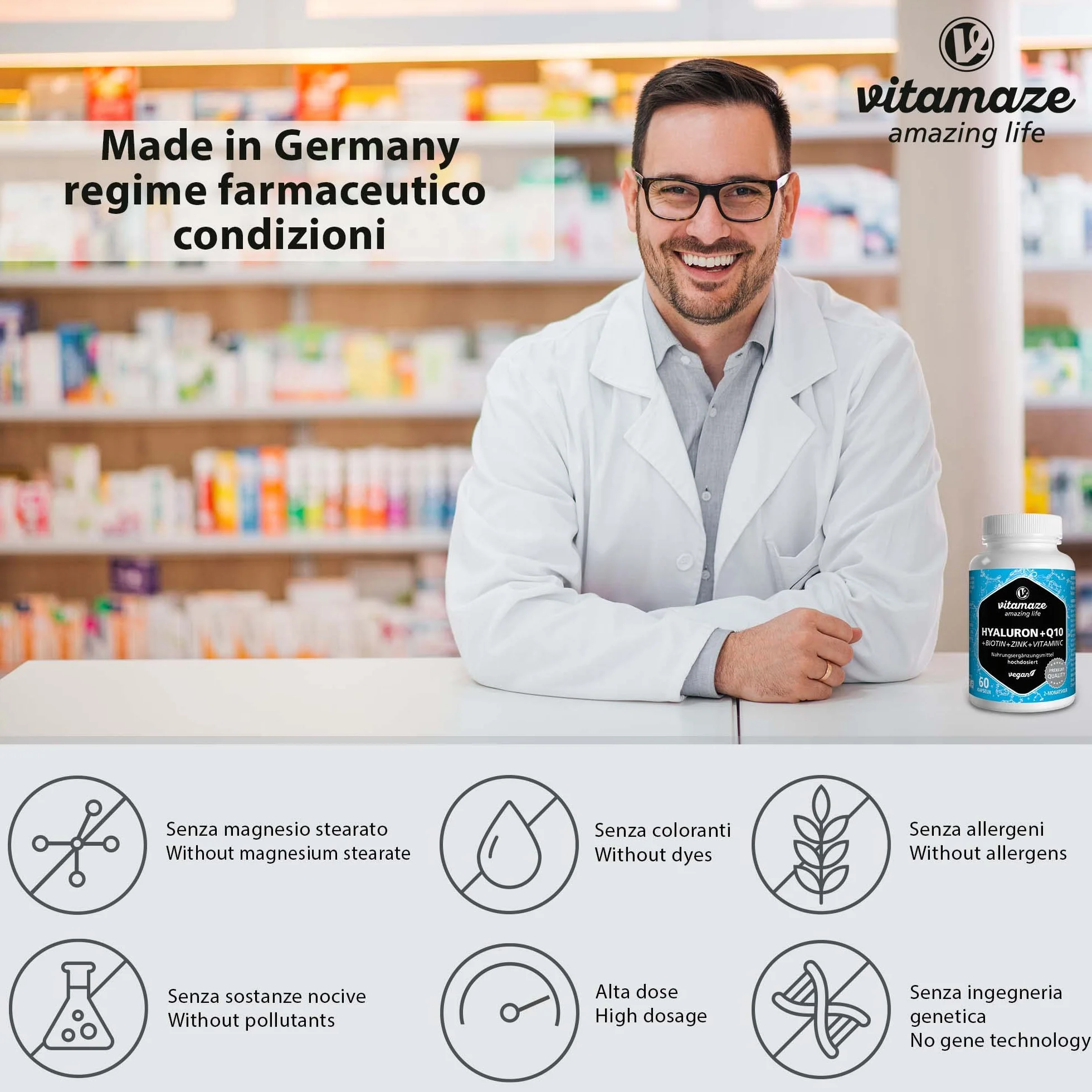 Acido Ialuronico ad Alto Dosaggio Puro + Coenzima Q10 Capsule Vegan 500-700 kDa Integratore Alimentare