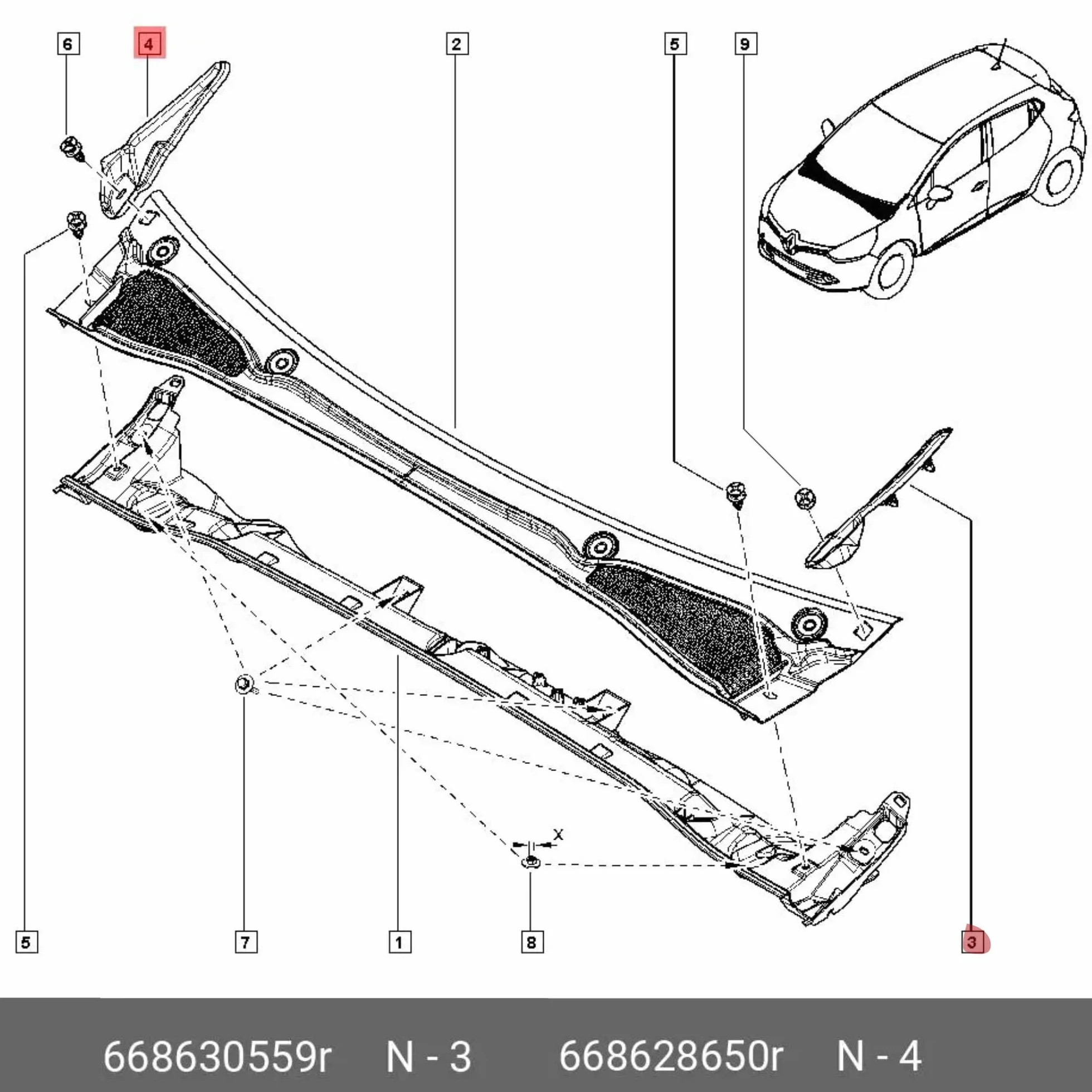 Trim laterale Baia di parabrezza anteriore sinistro destro con clip Clio IV 668630559R / 668628650R