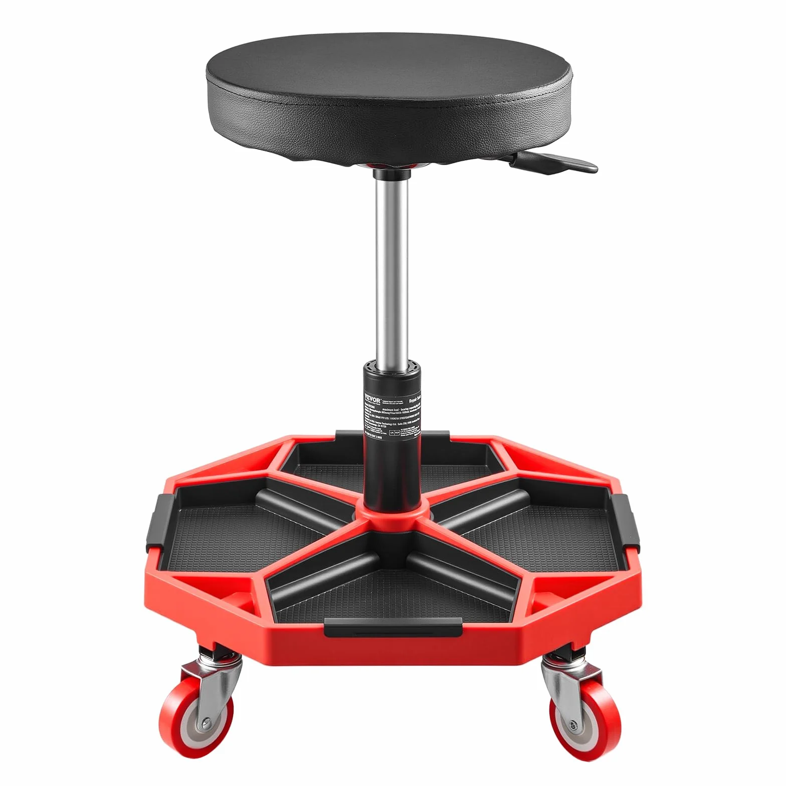 VEVOR Sgabello da Meccanico con Ruote, Capacità 136 kg, Altezza Regolabile 420-550 mm, Vassoio Portautensili, Nero Rosso