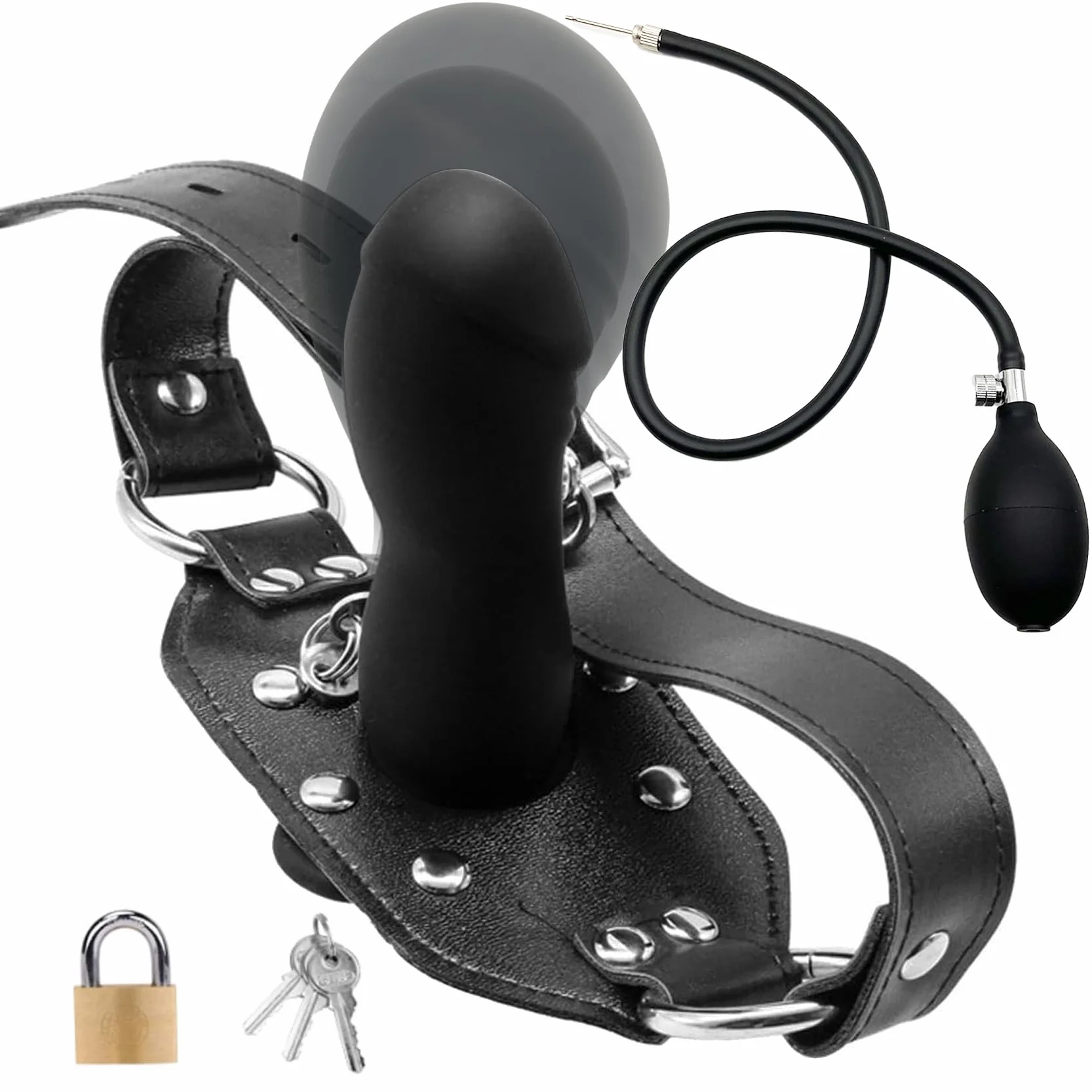 Bavaglio Gonfiabile in Silicone per Bondage, Gag Bocca Dildo Nero, Palla Regolabile, Giocattolo Sessuale per Donne