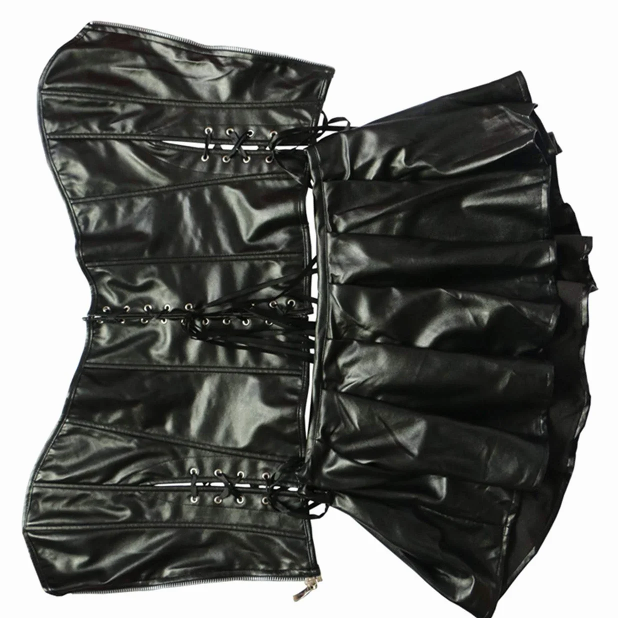 Donna Sexy Pelle Bustinie Overbust Corsetti Corsetto Vestito Lingerie Set con G-String Nero 3-Piece