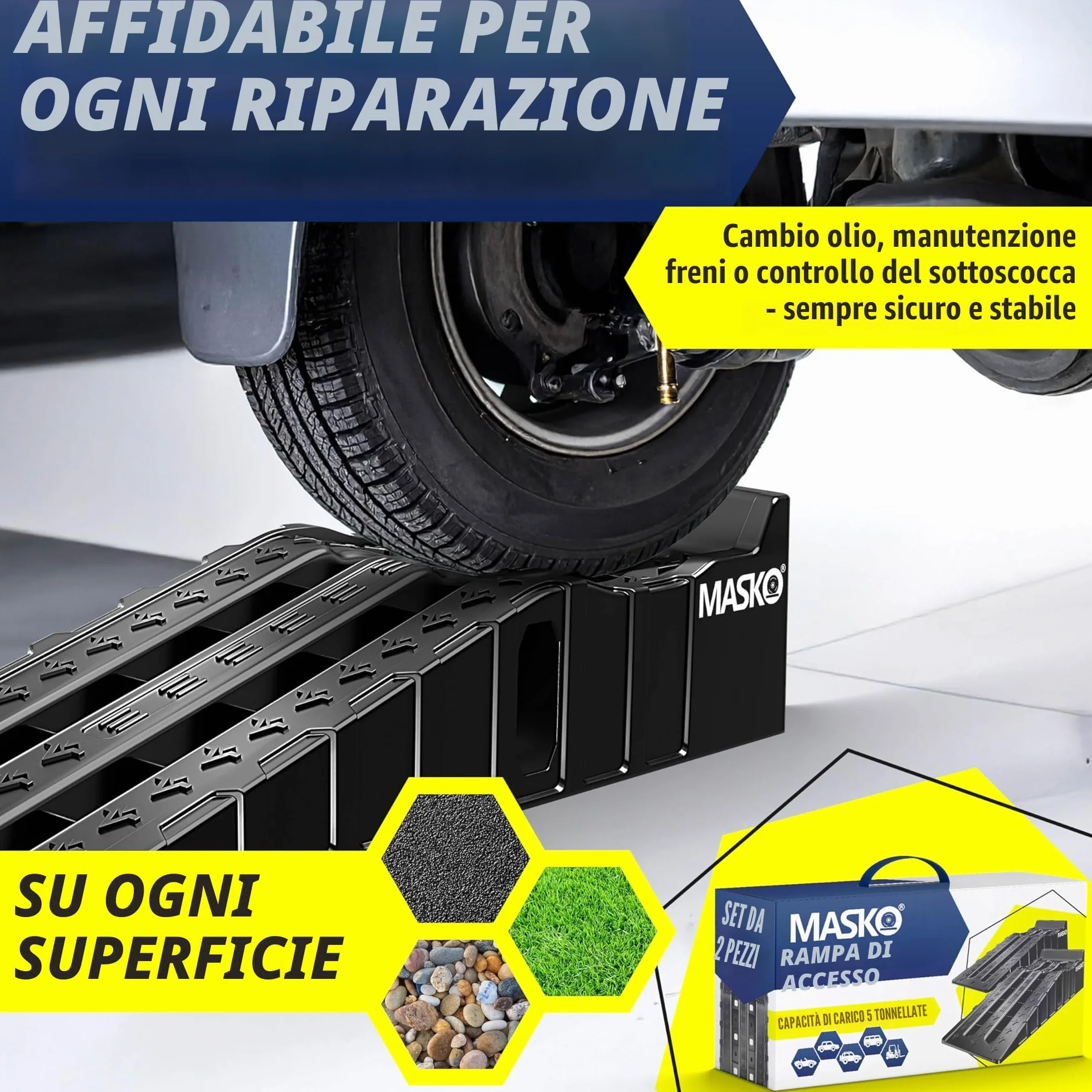MASKO® Set di 2 Rampe di Carico fino a 5 Tonnellate di Capacità di Caric, Rampa Auto con Protezione Anti-Tip, Antisdrucciolo, Stabile, Ramp Extra Larga