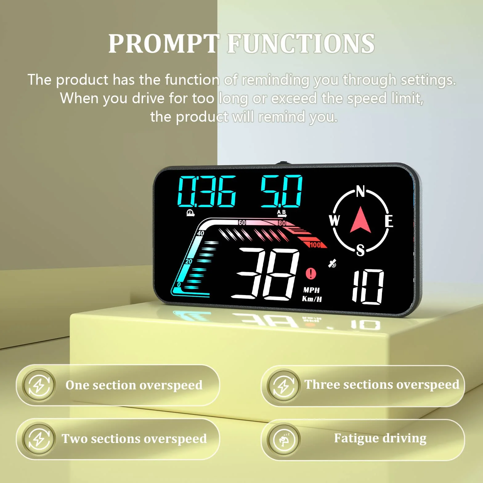 Grande schermo per auto Head up Display, KM/H e MPH, tachimetro GPS, con promemoria della velocità e promemoria della stanchezza alla guida, adatto a tutti i veicoli