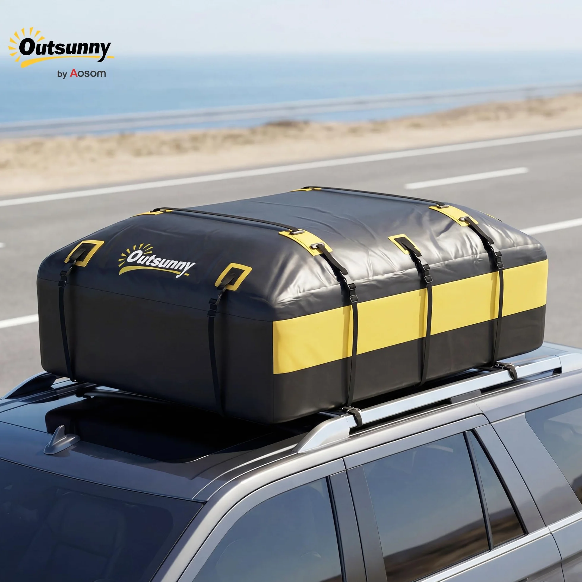 Outsunny Portabagagli da Tetto 595 Litri Impermeabile, Borsa da Tetto Auto con 6 Cinghie Rinforzate, Tappetino Antiscivolo e Ganci per Portiere, Adatto a Tutti i Veicoli con o senza Barre, Giallo