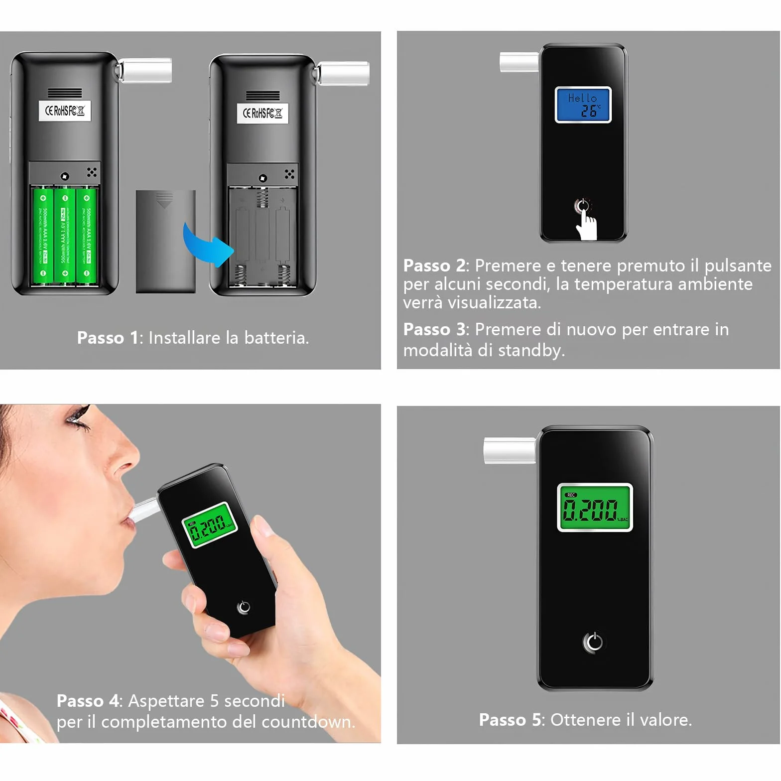 Etilometro Portatile Certificato, Professionale Digitale Alcol Test con Display LCD Blu Digitale, Etilometro Portatile Personale per Uso Domestico e Professionale(10 boccagli)