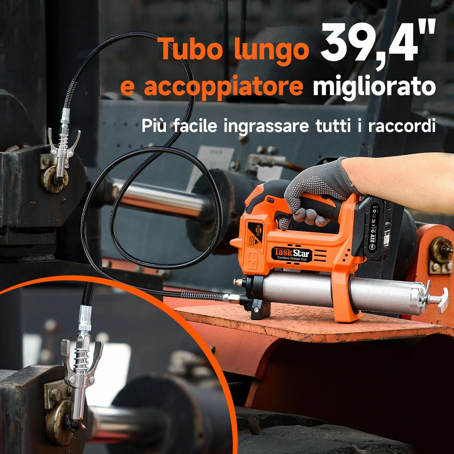 TaskStar Ingrassatore a Batteria da 10000 PSI: Ingrassatore Migliorato con Controllo Automatico del Volume di Grasso, 2 Batterie, 3 Accoppiatori - 4,6 oz/min Efficiente per Trattori, Camion e Macchine