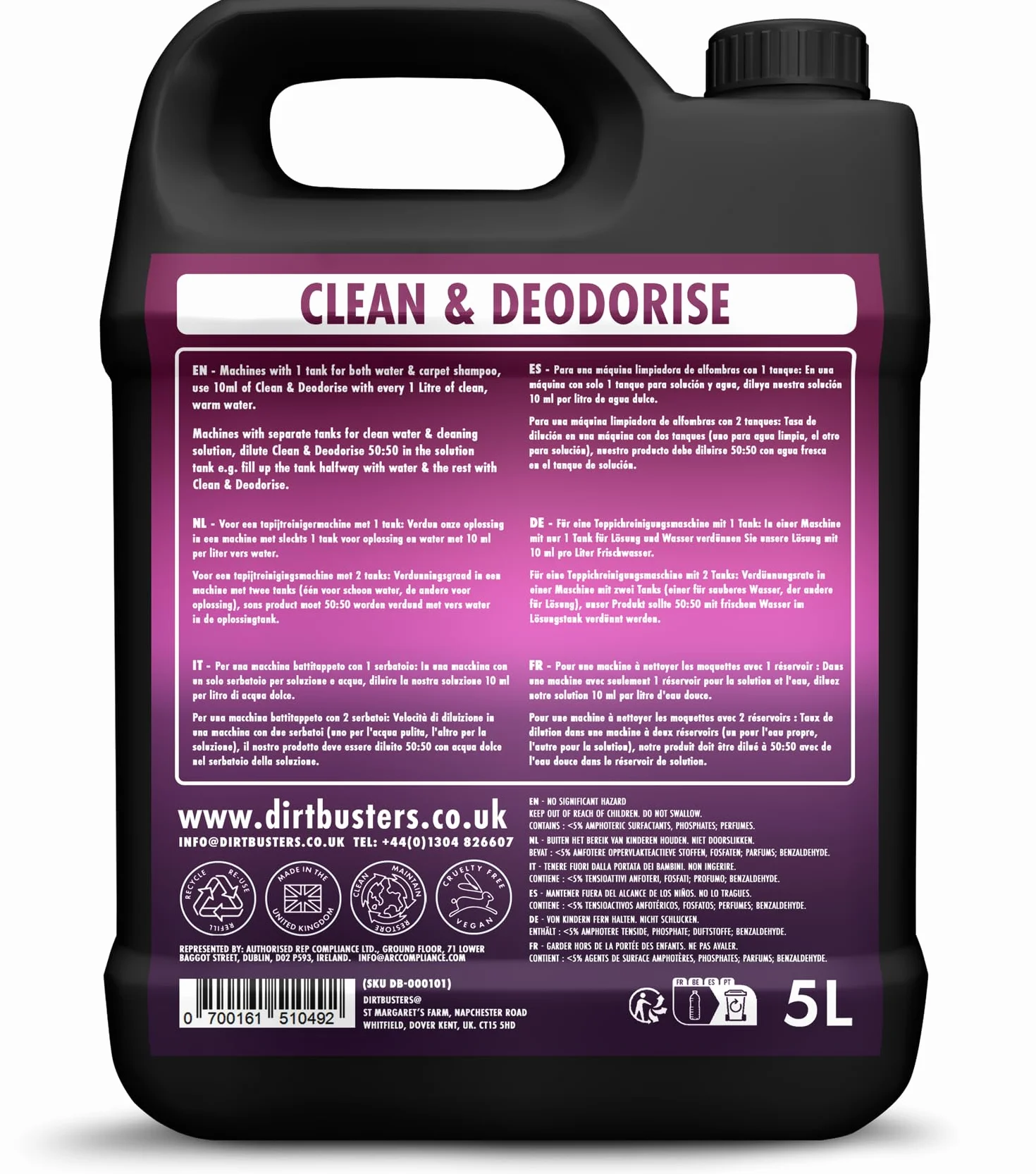 Dirtbusters Shampoo per Pulizia Tappeti 3 in 1 5L Detergente con Rimozione Odori