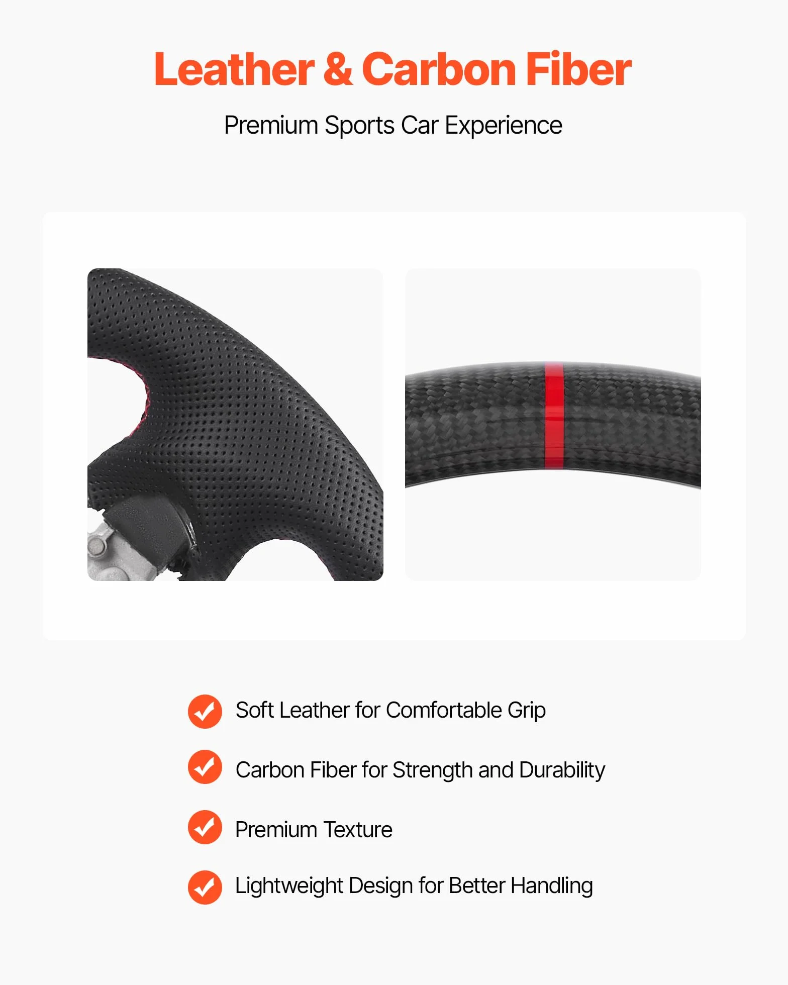 VEVOR Volante per Nissan 370Z 2008-2020, Volante in Fibra di Carbonio a Forma di D con Fondo Piatto, Impugnatura in Pelle con Trama Antiscivolo e Cuciture Precise, Accessori di Ricambio