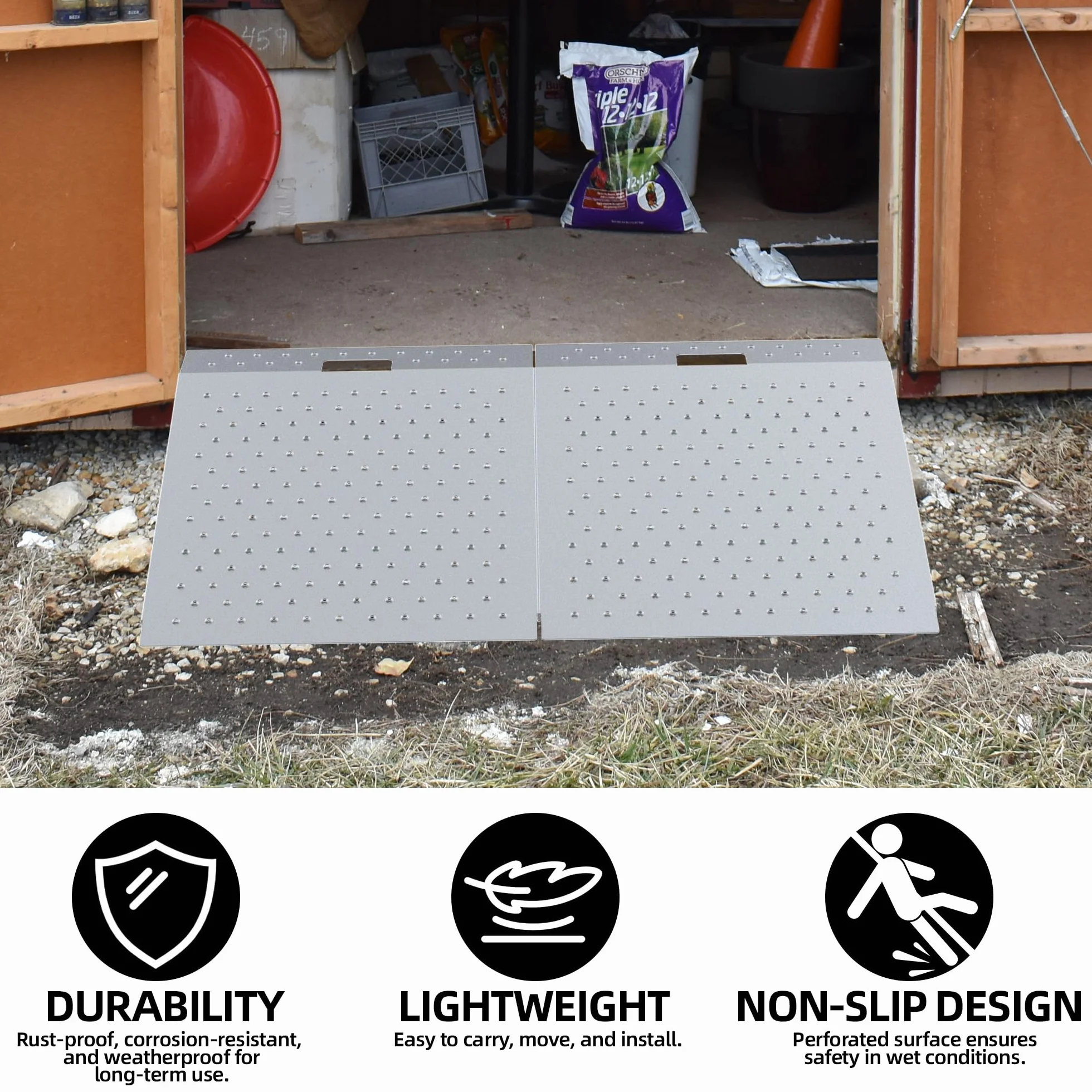 Rampa da 74 cm x 61 cm per Capannone per Rasaerba e Attrezzature da Giardino – Capacità 680 Kg Piastra Perforata Antiscivolo per ATV, Motociclette, Garage e Fienili (2 Pezzo)