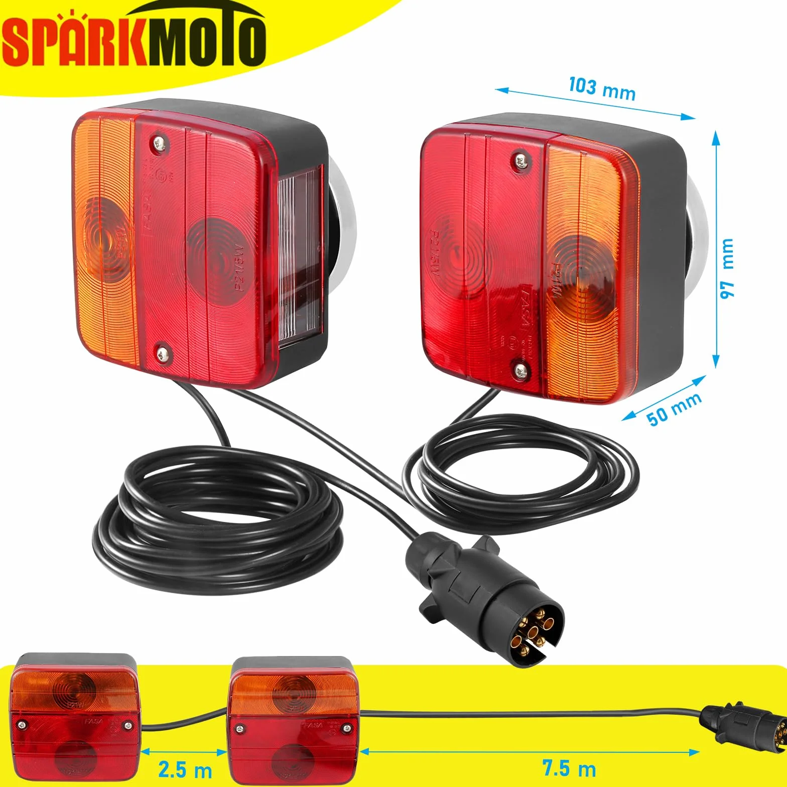 Fanali Posteriori Rimorchio Magnetico Kit Luci Rimorchio 7 Poli Con Cavo 2.5/7.5M Connettore 7 Poli
