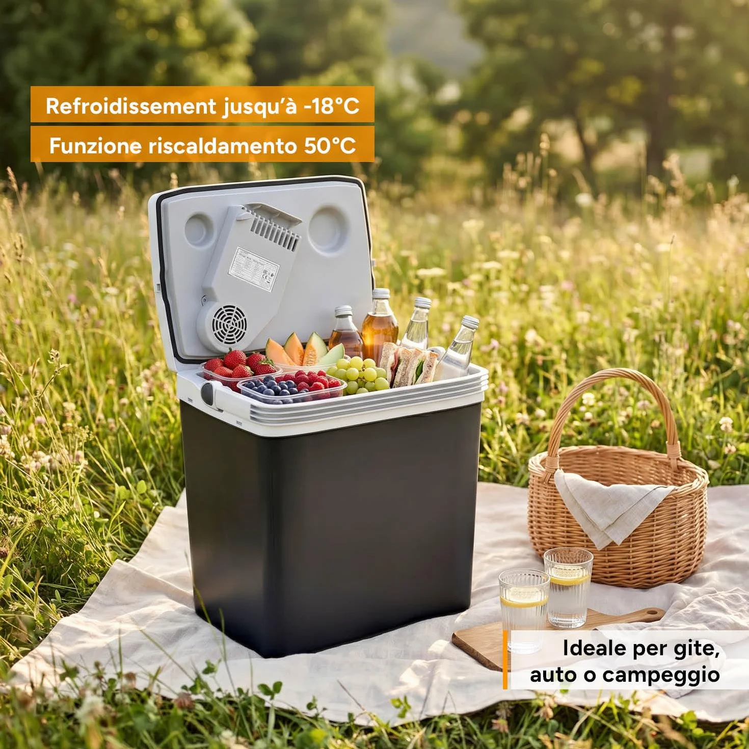 TZS First Austria - Frigo Portatile Elettrico 32L - Tripla Alimentazione con USB-C PD 3.0 - Raffreddamento e Riscaldamento - 12V/230V/USB-C - Minibar - Nero/Grigio