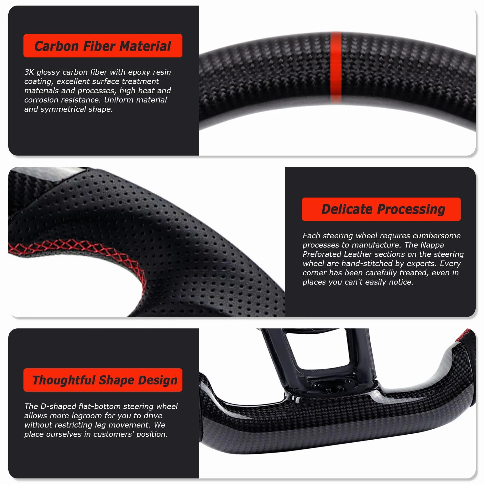 Volante in fibra di carbonio, volante in pelle, volante a forma di D, con fondo piatto e cuciture rosse, manopola in pelle traforata per VW Volkswagen Golf MK7 GTI/R 2015-2019