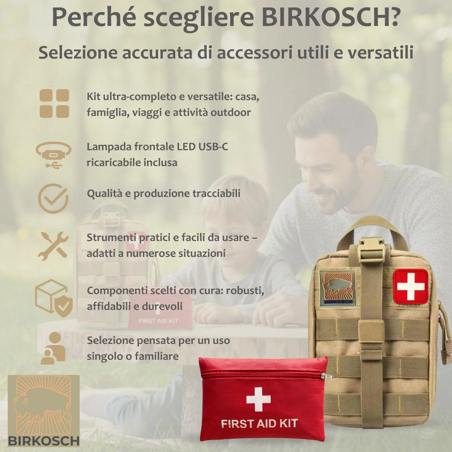 Kit Sopravvivenza & Primo Soccorso – Kit di Emergenza con 16 Strumenti Multifunzione e Più di 60 Articoli di Primo Soccorso – Ideale per Auto, Trekking, Campeggio & Scout – Robusto & Completo