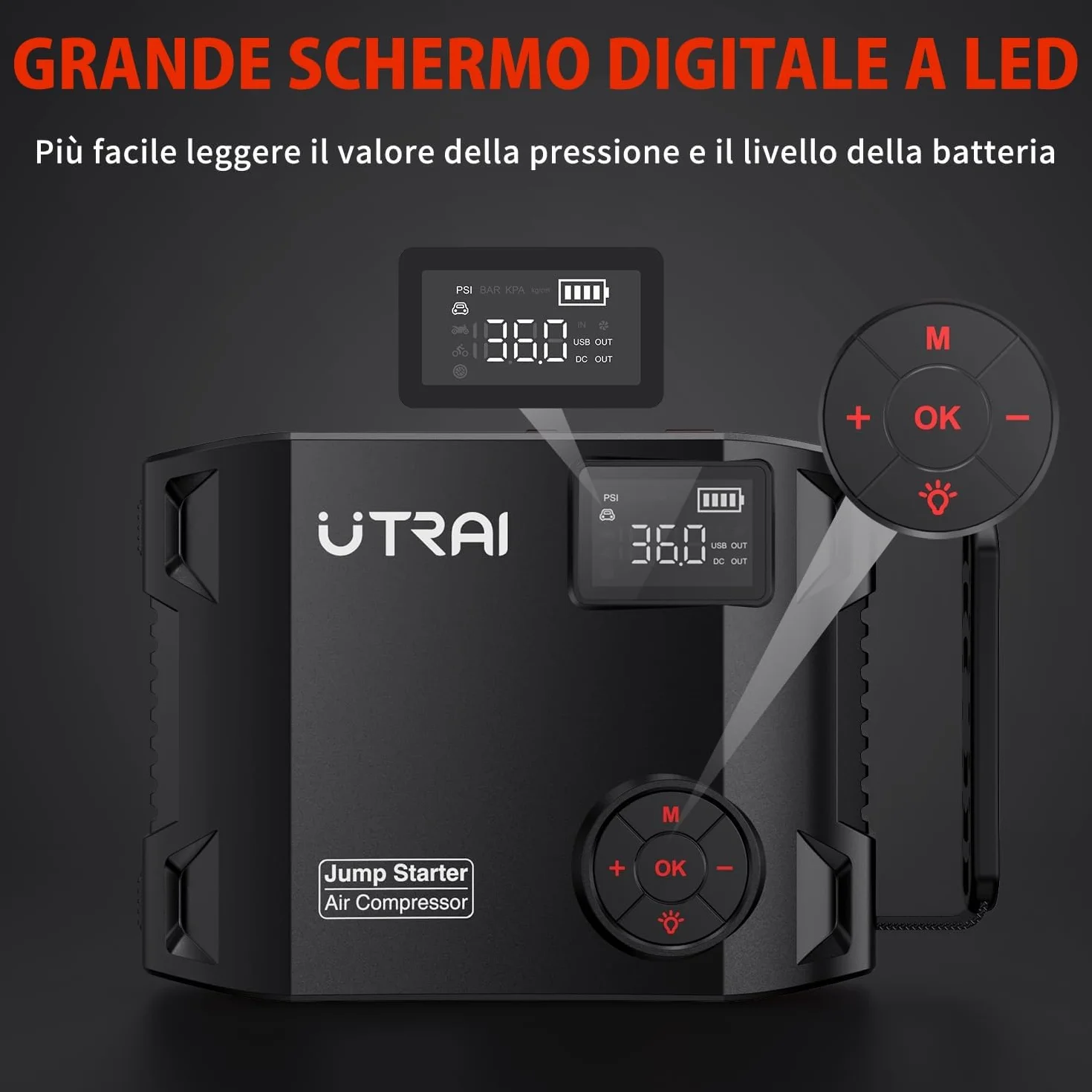 Avviatore Batteria Auto 8000A, UTRAI 27000mAh Avviatore Emergenza Auto con Compressore, DC160W Booster Avviamento Auto/Moto Portatile (Fino a Tutti i Benzina e 12L Diesel)/Doppia USB/1600 Lumen LED